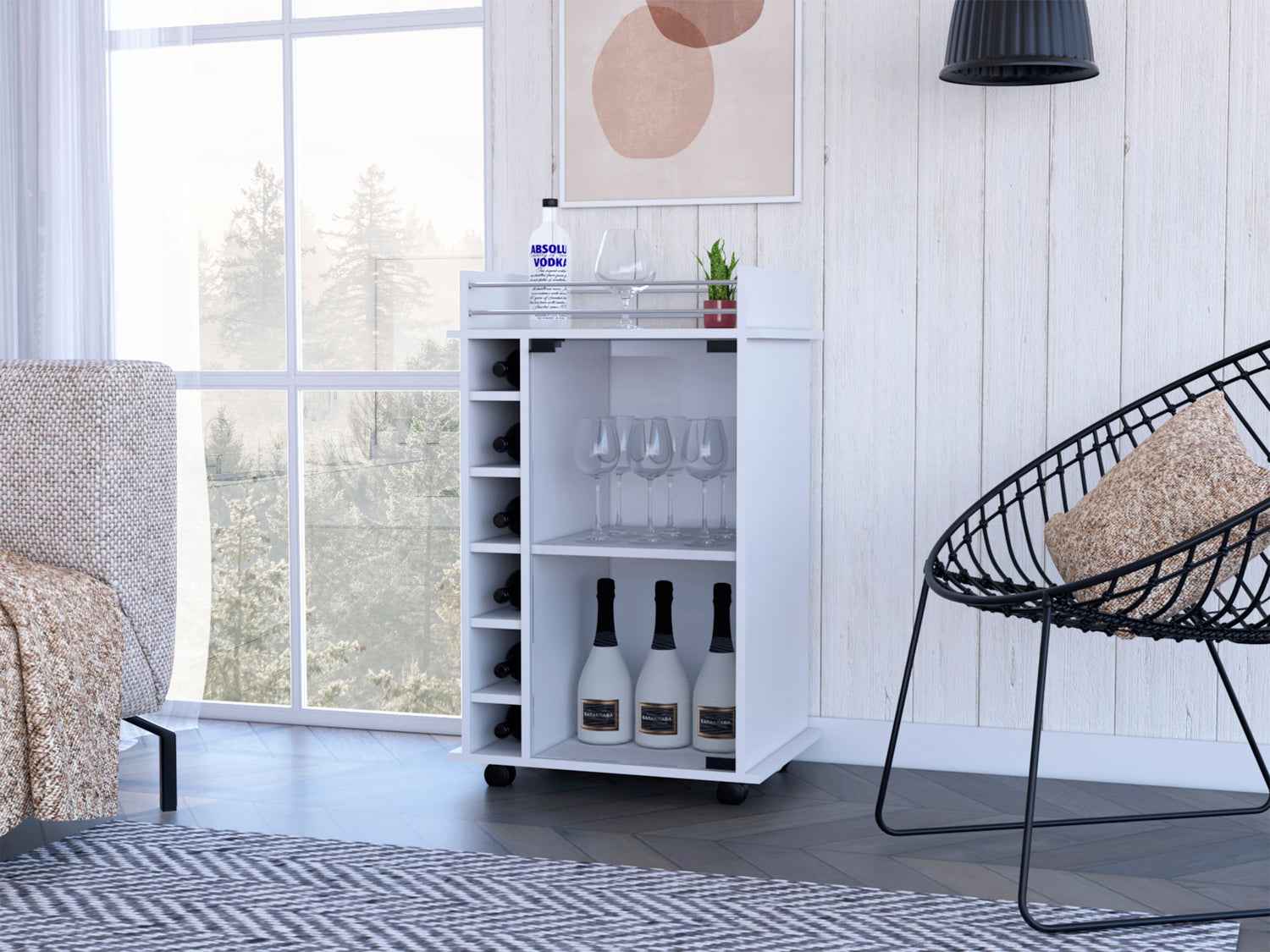 Huali Bar Cart, Six Built-in Wine Rack, Glass Door, Four Casters, Two Shelves, White