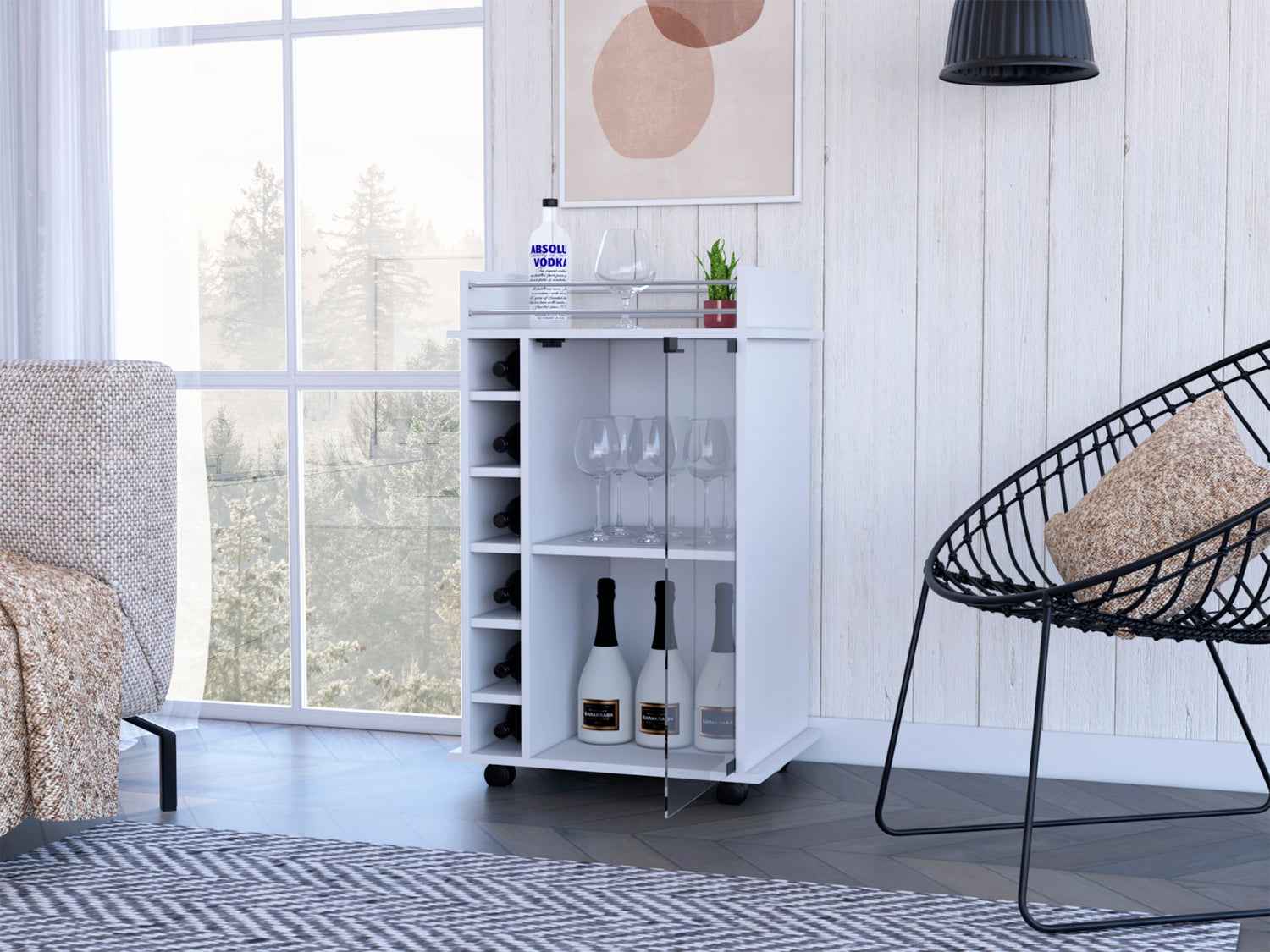 Huali Bar Cart, Six Built-in Wine Rack, Glass Door, Four Casters, Two Shelves, White