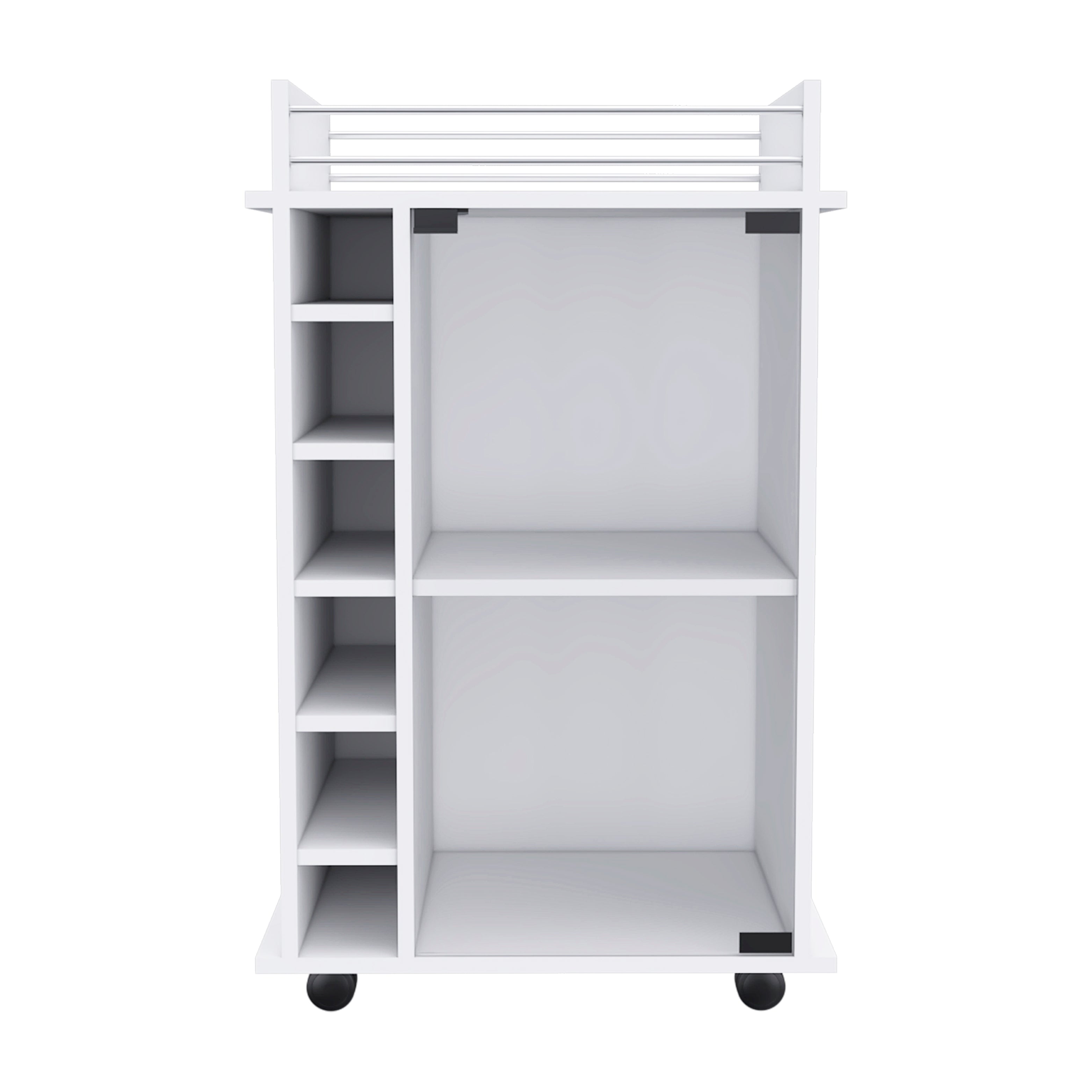 Huali Bar Cart, Six Built-in Wine Rack, Glass Door, Four Casters, Two Shelves, White - Luciddepo
