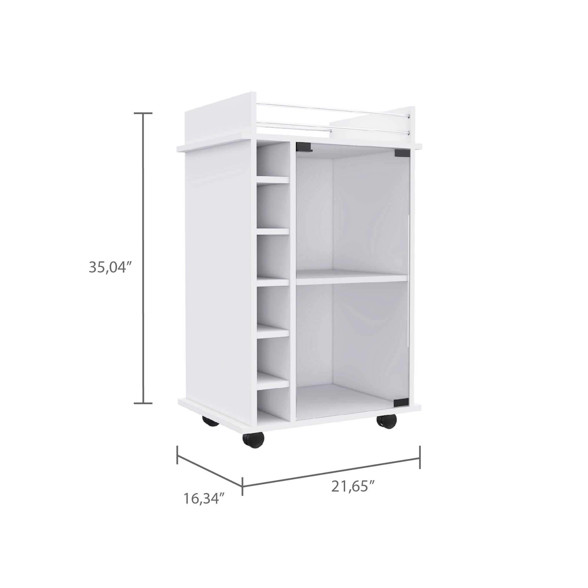 Huali Bar Cart, Six Built-in Wine Rack, Glass Door, Four Casters, Two Shelves, White - Luciddepo