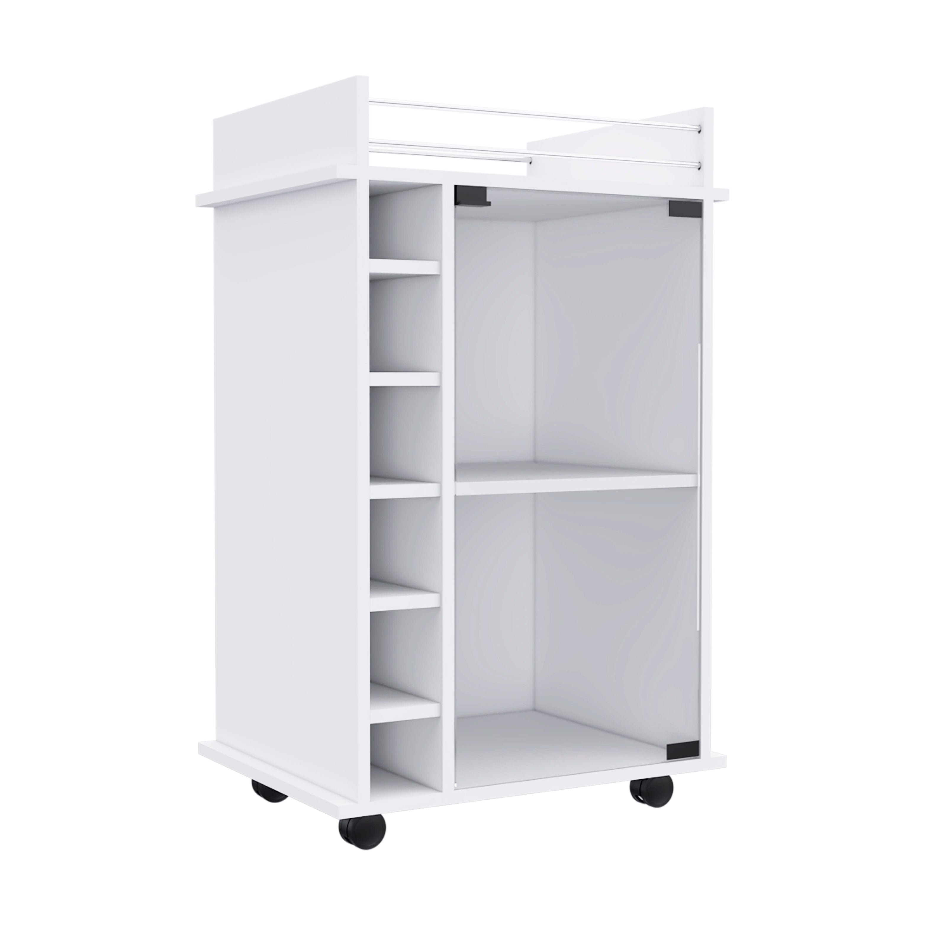 Huali Bar Cart, Six Built-in Wine Rack, Glass Door, Four Casters, Two Shelves, White - Luciddepo