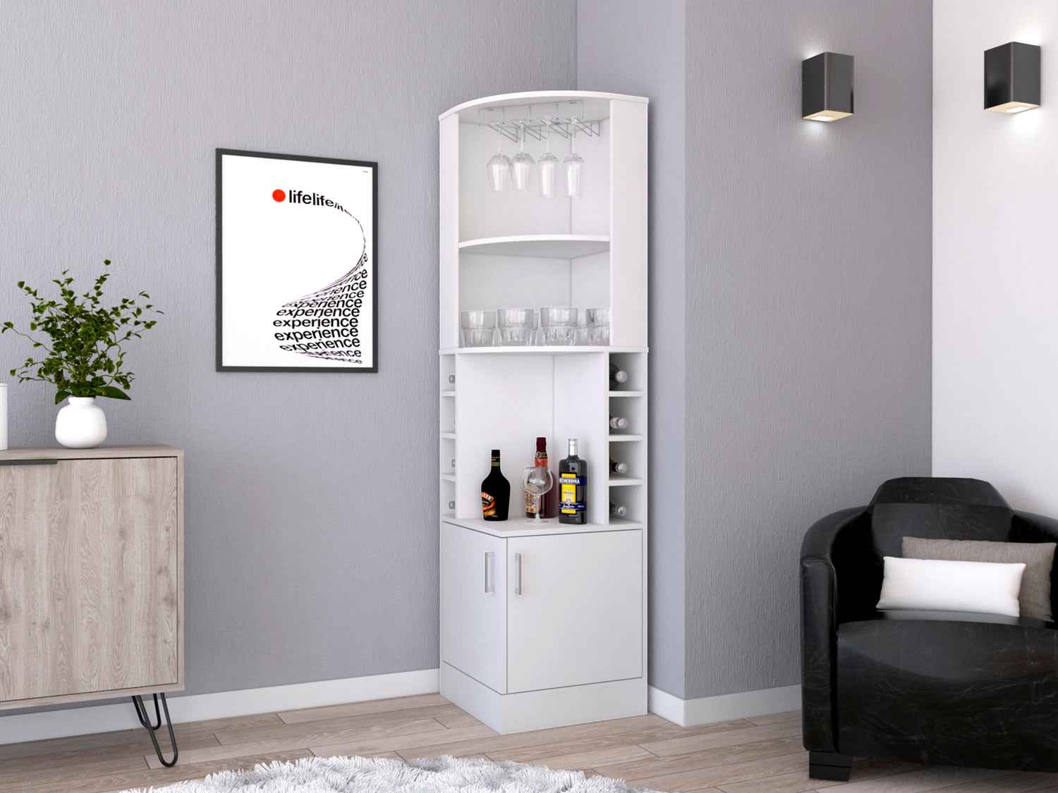 Egina Corner Bar Cabinet, Two External Shelves , White