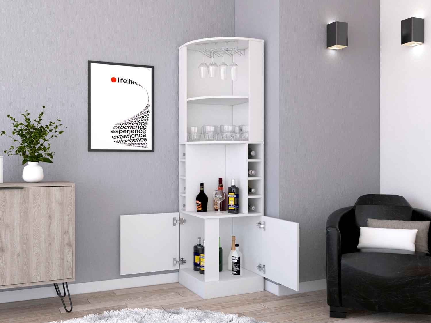 Egina Corner Bar Cabinet, Two External Shelves , White