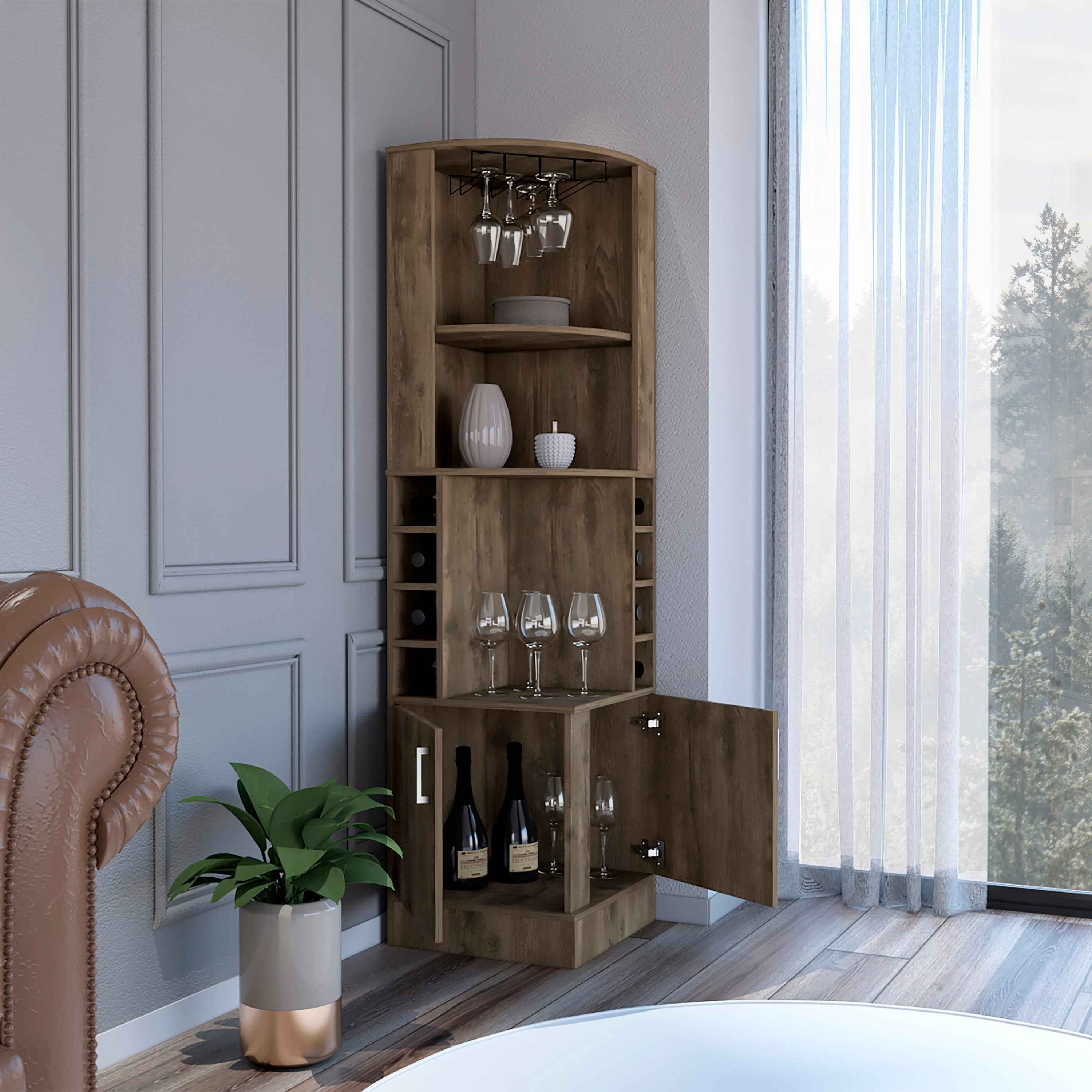 Egina Bar Cabinet Two Drawers, Eight Bottle Cubbies, Two Large Open Shelves, Dark Brown