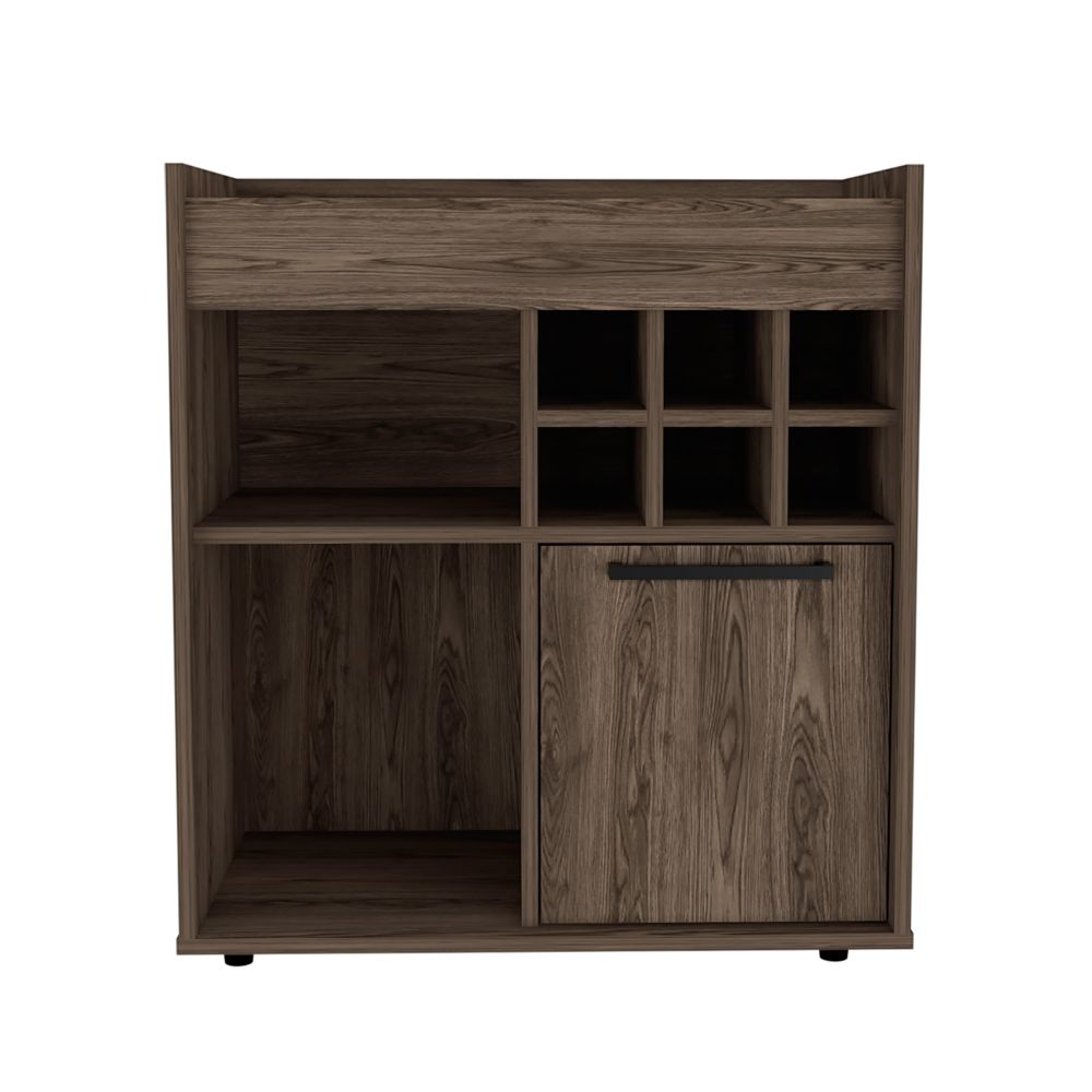 Pasadena Bar Cabinet With Divisions, Two Concealed Shelves, Six Cubbies, Dark Walnut - Luciddepo