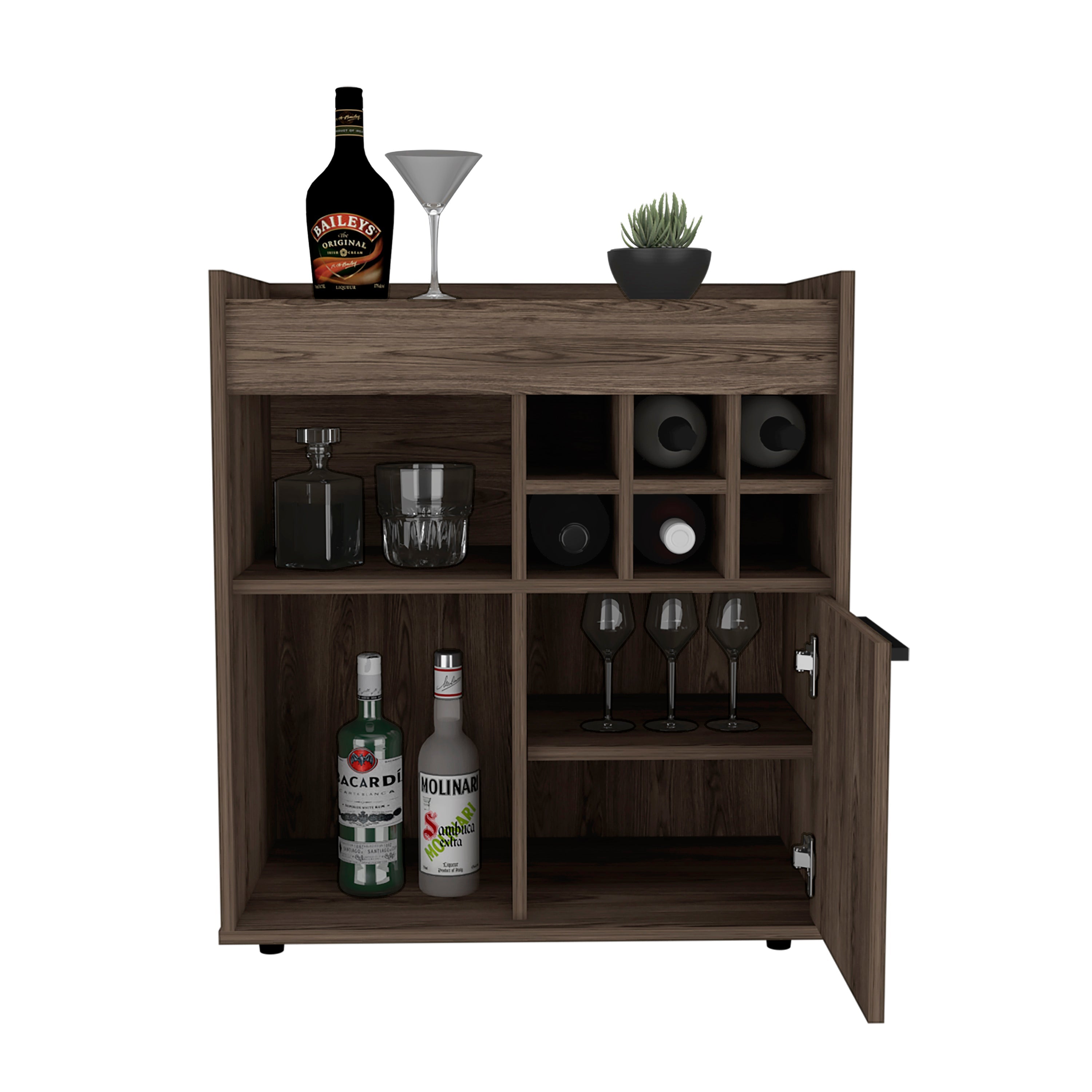 Pasadena Bar Cabinet With Divisions, Two Concealed Shelves, Six Cubbies, Dark Walnut - Luciddepo