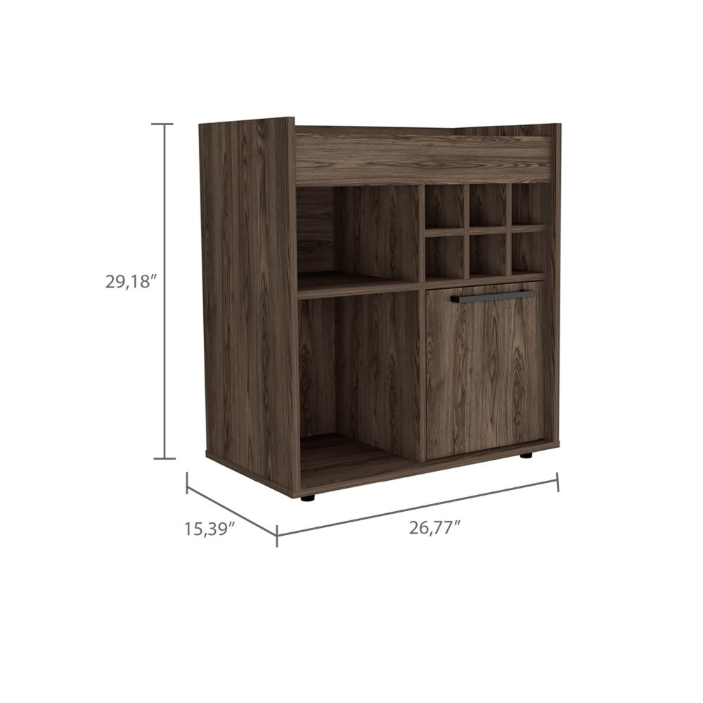 Pasadena Bar Cabinet With Divisions, Two Concealed Shelves, Six Cubbies, Dark Walnut - Luciddepo