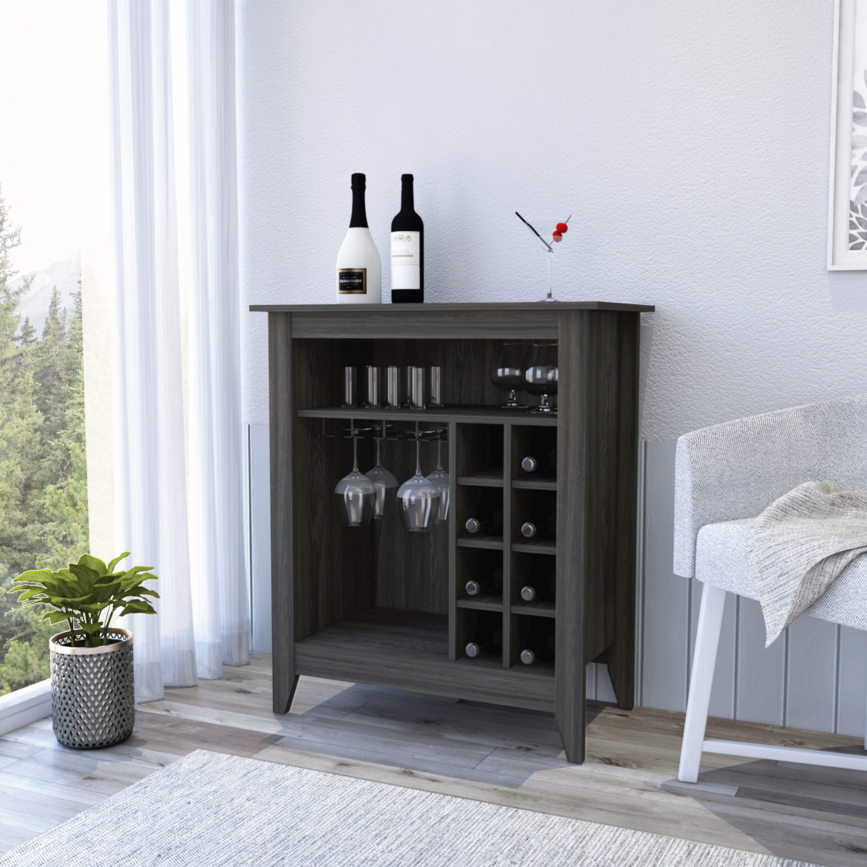 Mojito Bar Cabinet, Six Built-in Wine Rack, One Open Drawer, One Open Shelf, Carbon Espresso - Luciddepo
