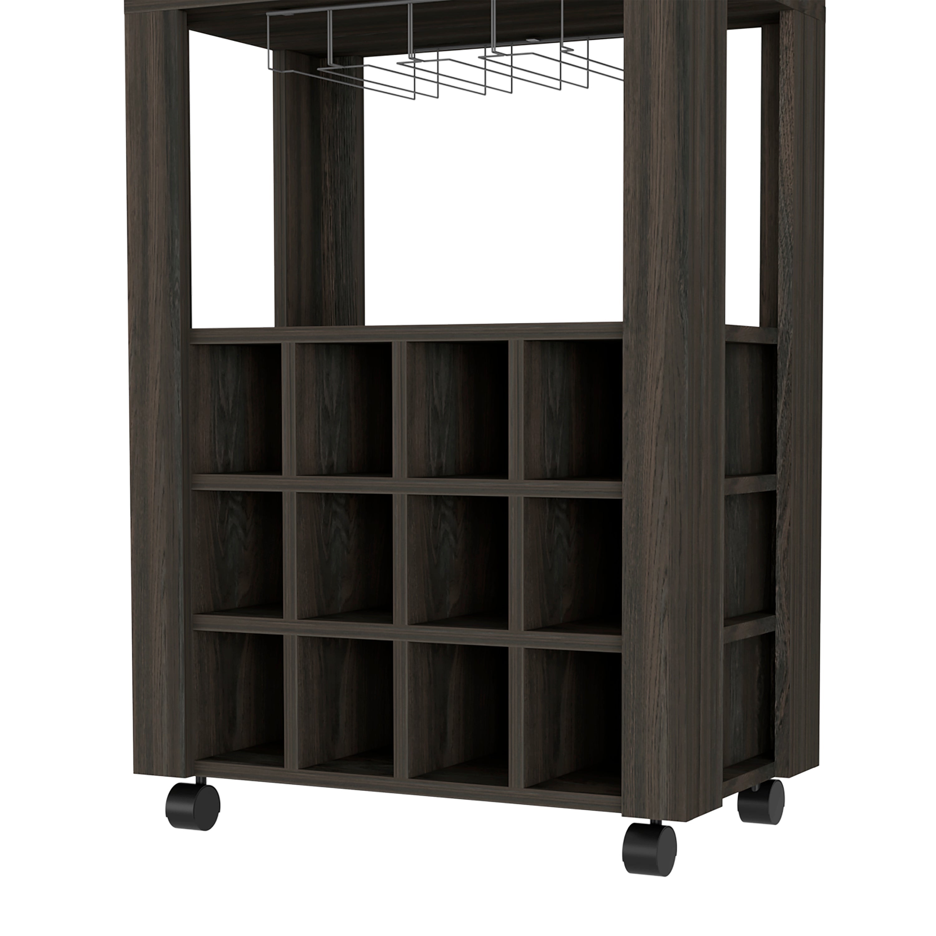 Margh Bar Cart, Twelve Built-in Wine Rack, Drawer, Carbon Espresso - Luciddepo