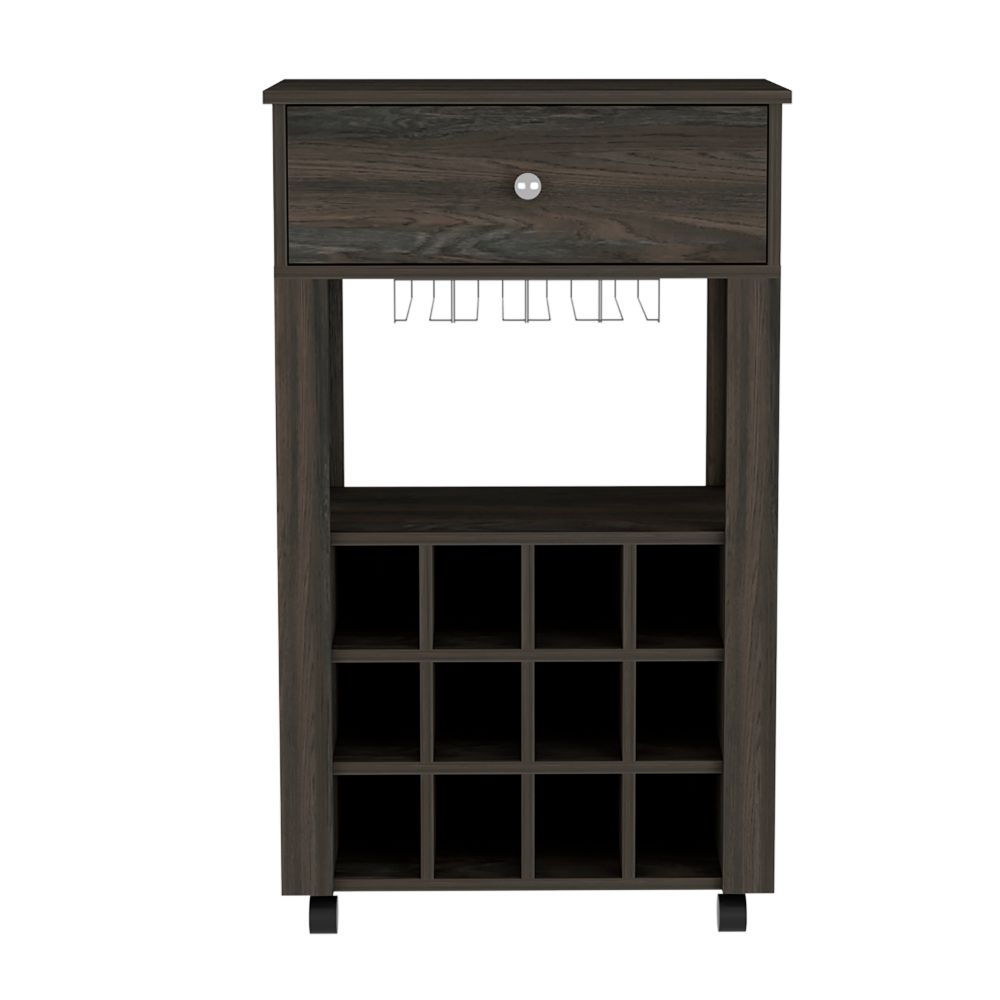 Margh Bar Cart, Twelve Built-in Wine Rack, Drawer, Carbon Espresso - Luciddepo