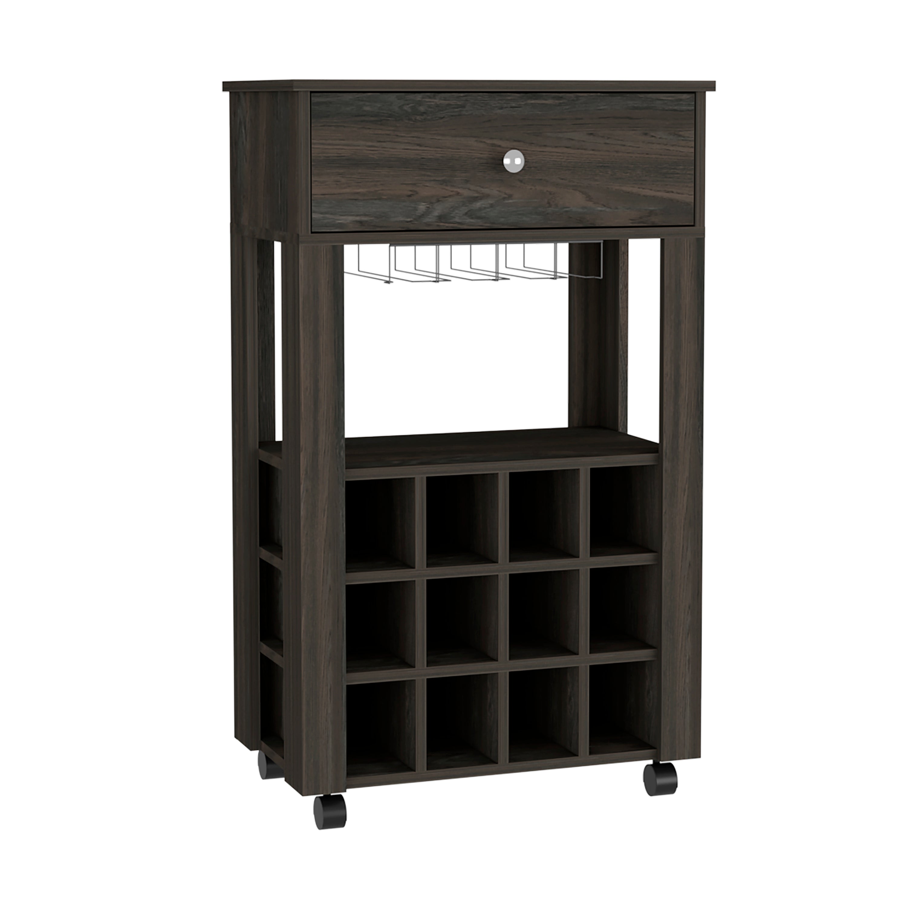 Margh Bar Cart, Twelve Built-in Wine Rack, Drawer, Carbon Espresso - Luciddepo