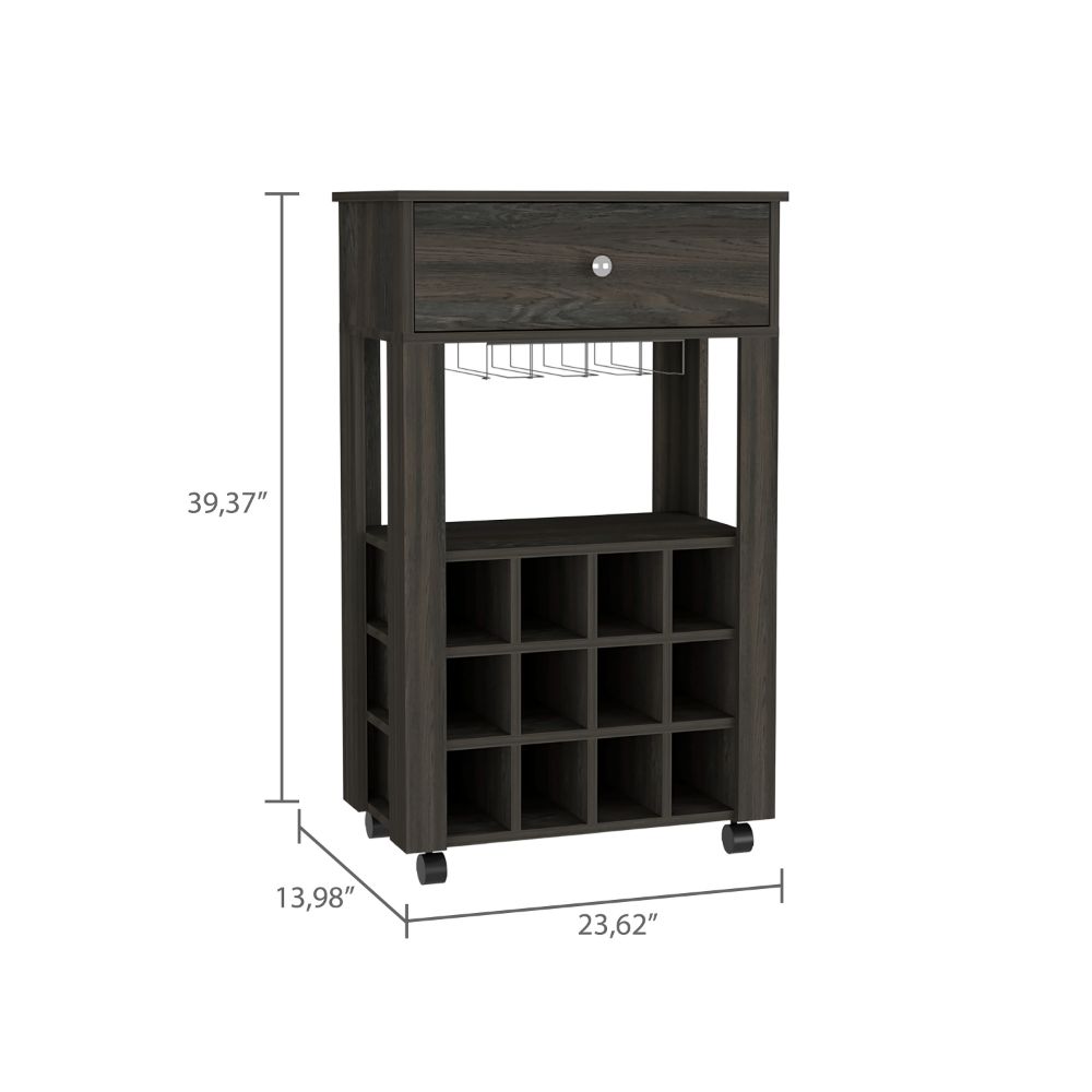 Margh Bar Cart, Twelve Built-in Wine Rack, Drawer, Carbon Espresso - Luciddepo