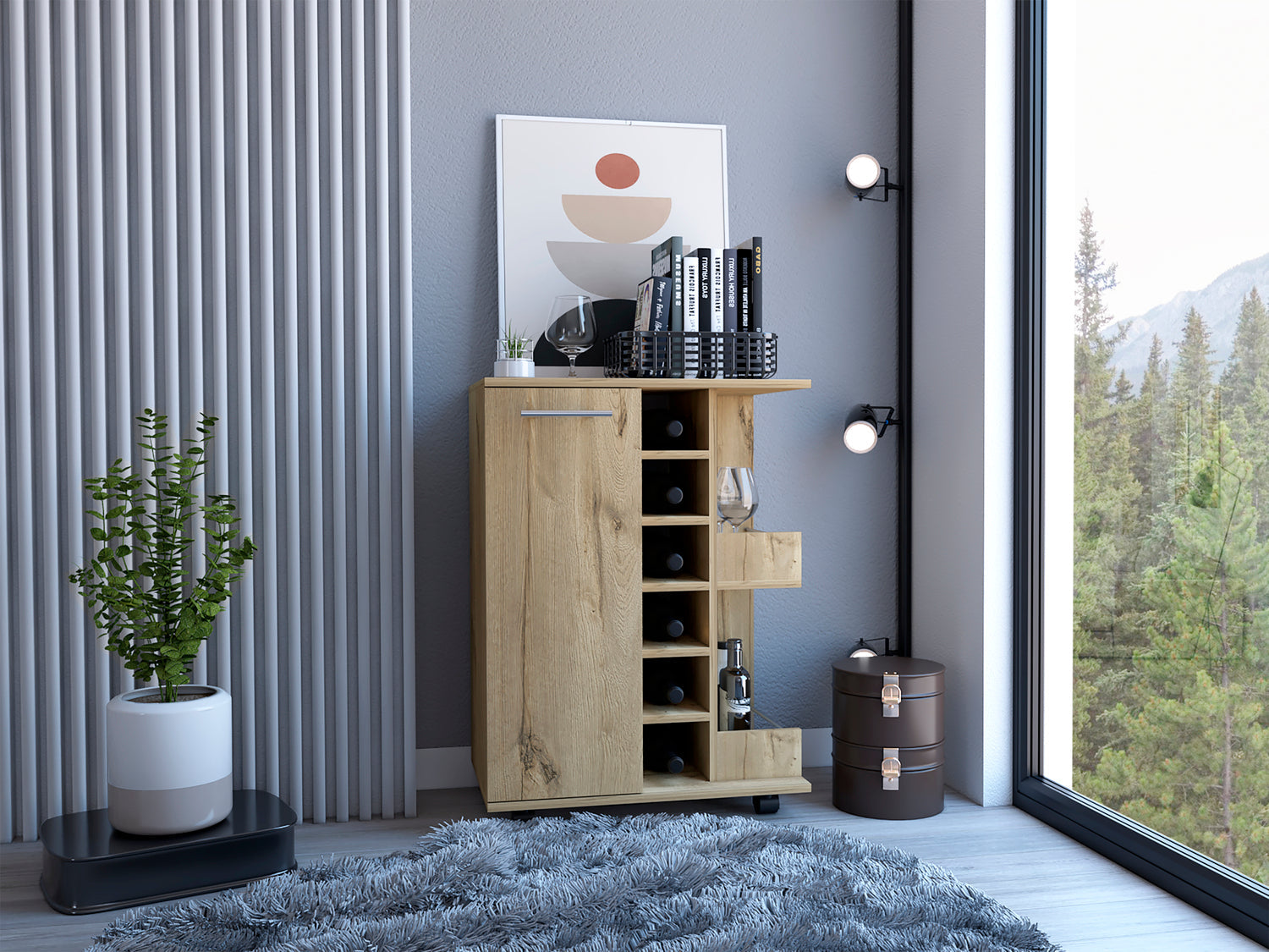 Magda Bar Cart, Four Casters, Six Built-in Wine Rack, Single Door Cabinet, Two External Shelves, Light Oak - Luciddepo