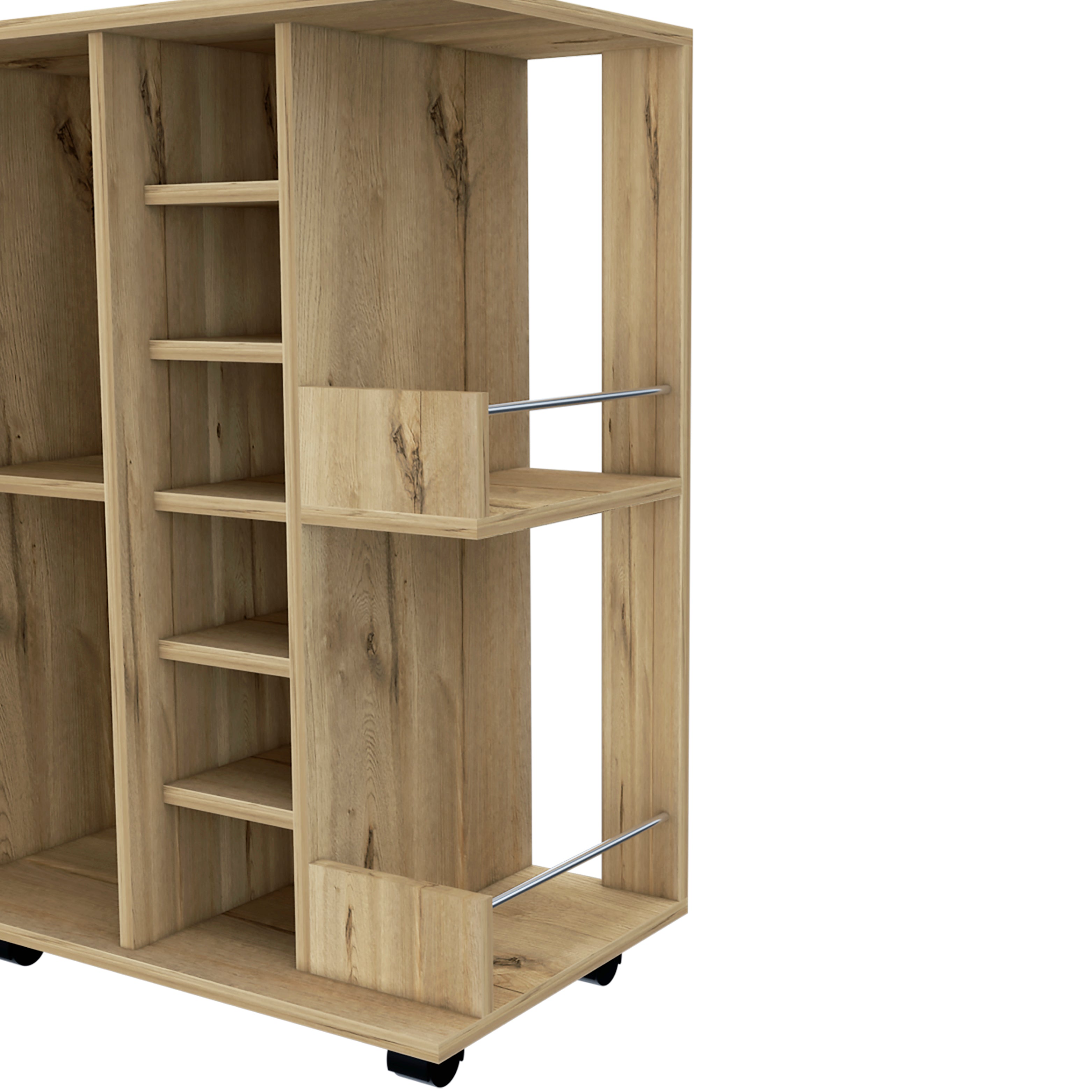 Magda Bar Cart, Four Casters, Six Built-in Wine Rack, Single Door Cabinet, Two External Shelves, Light Oak - Luciddepo