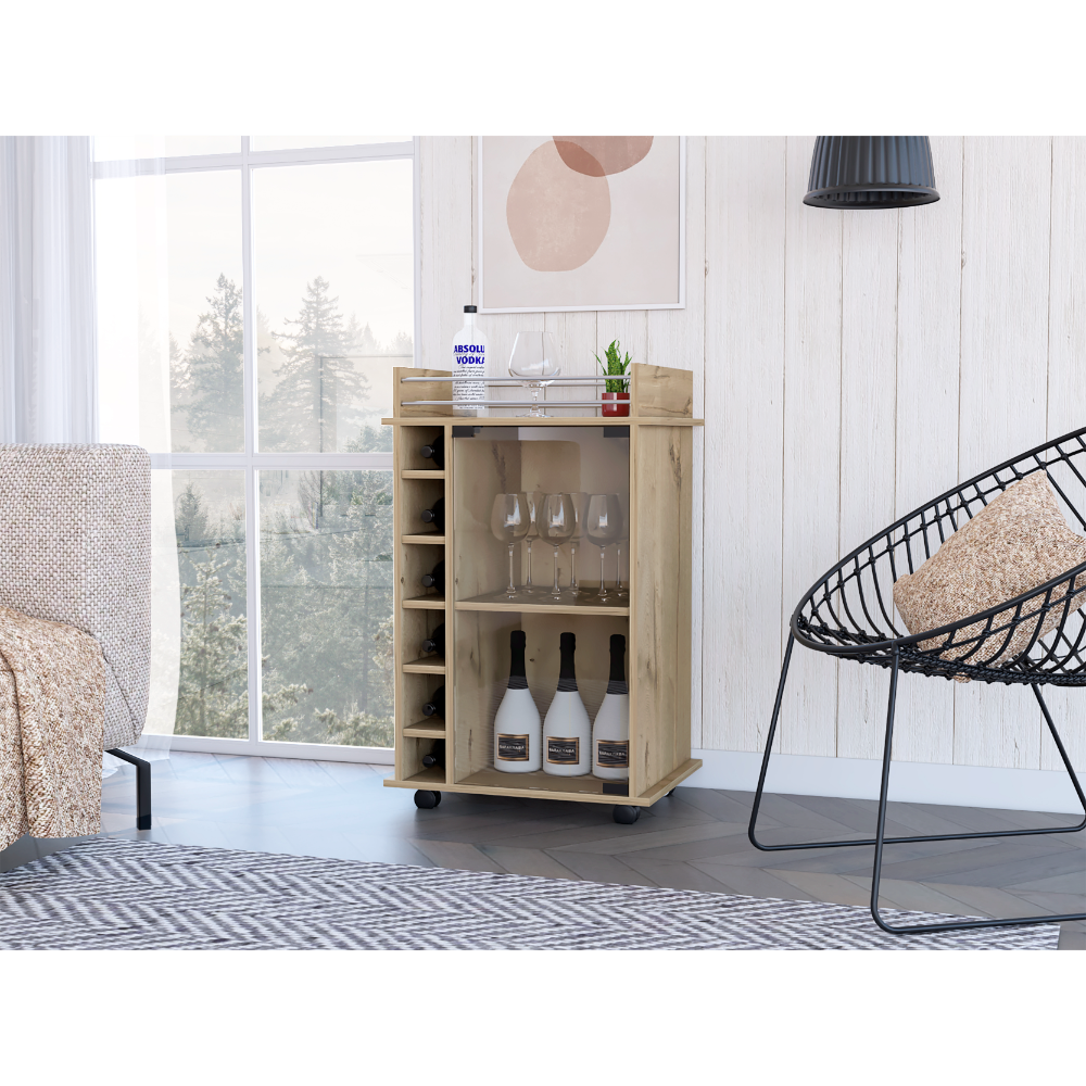 Huali Bar Cart, Six Built-in Wine Rack, Glass Door, Four Casters, Two Shelves, Light Oak - Luciddepo