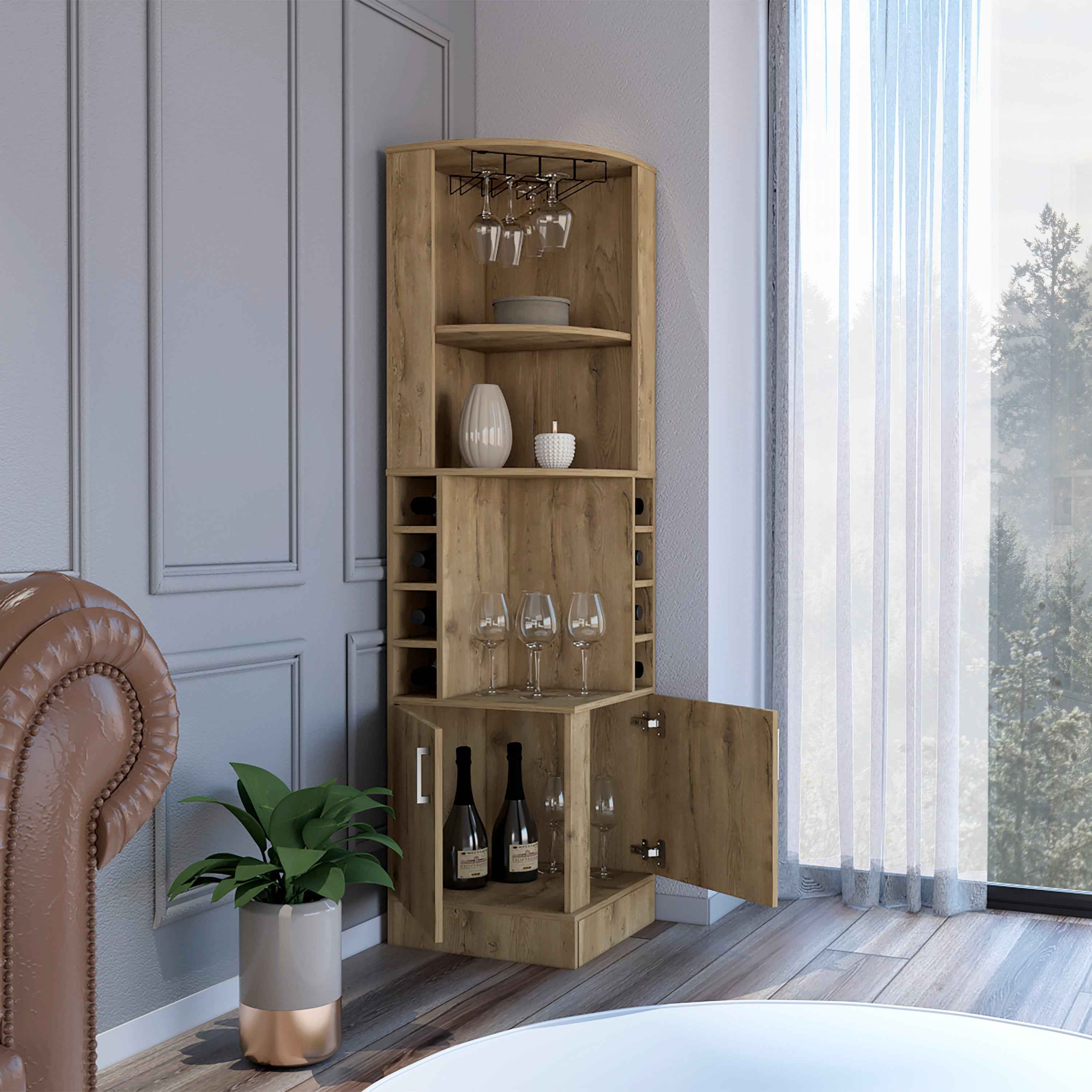 Egina Bar Cabinet Two Drawers, Eight Bottle Cubbies, Two Large Open Shelves, Macadamia