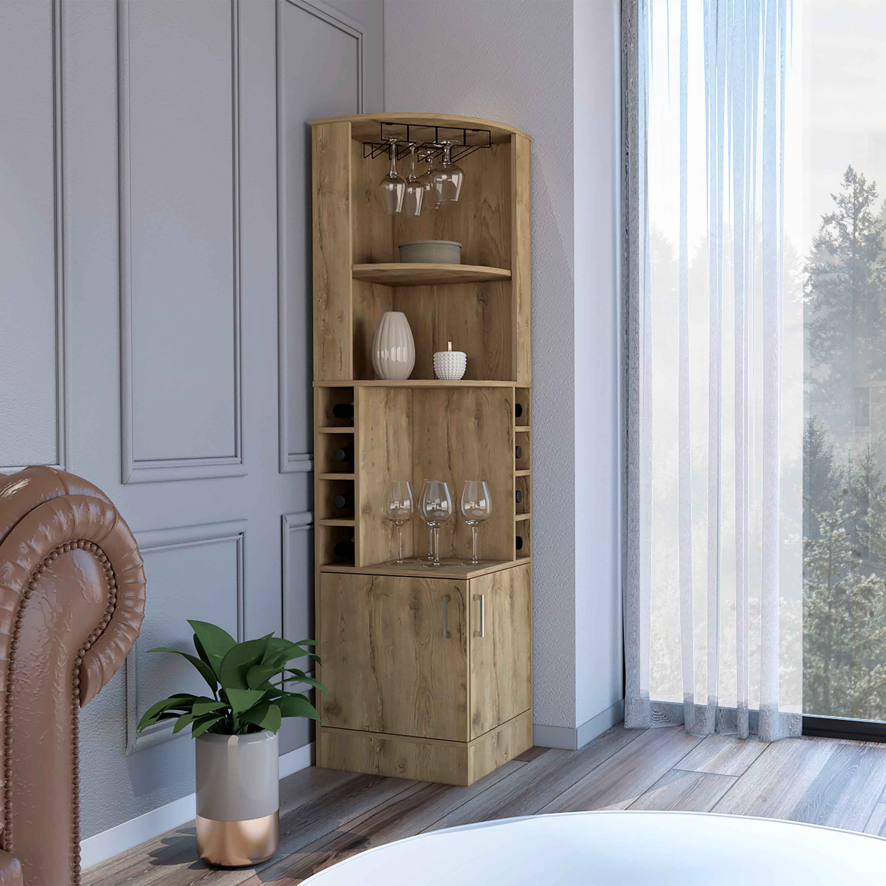 Egina Bar Cabinet Two Drawers, Eight Bottle Cubbies, Two Large Open Shelves, Macadamia