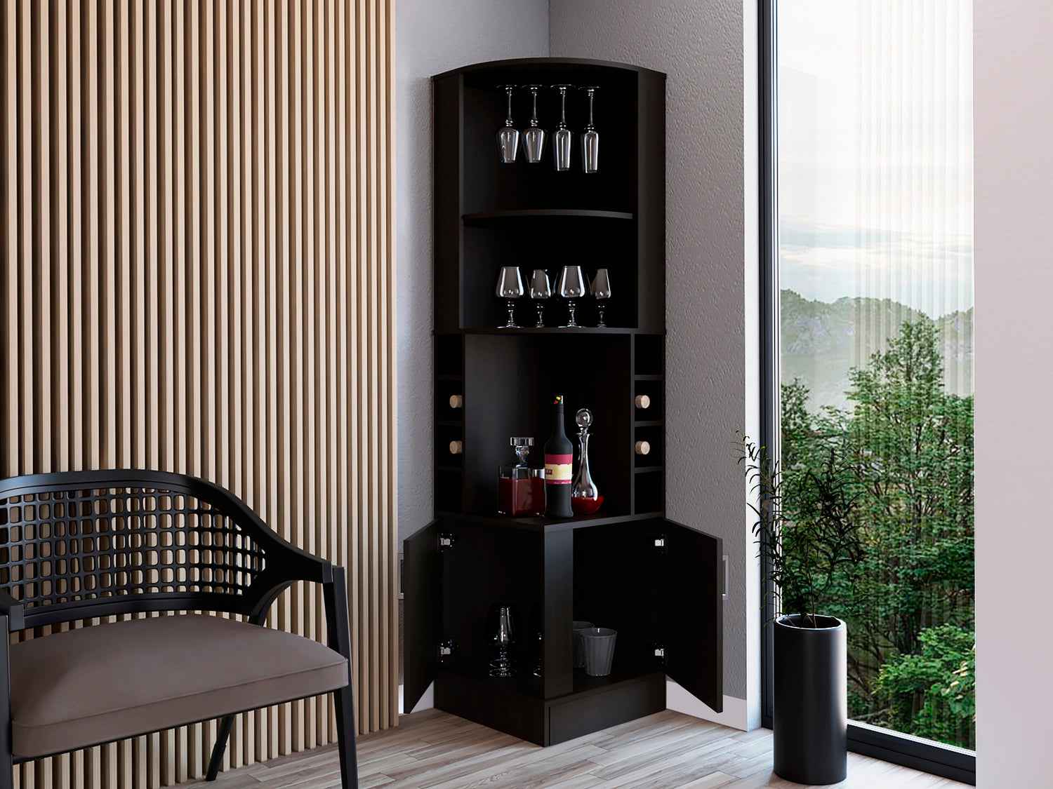 Egina Corner Bar Cabinet, Two External Shelves, Black