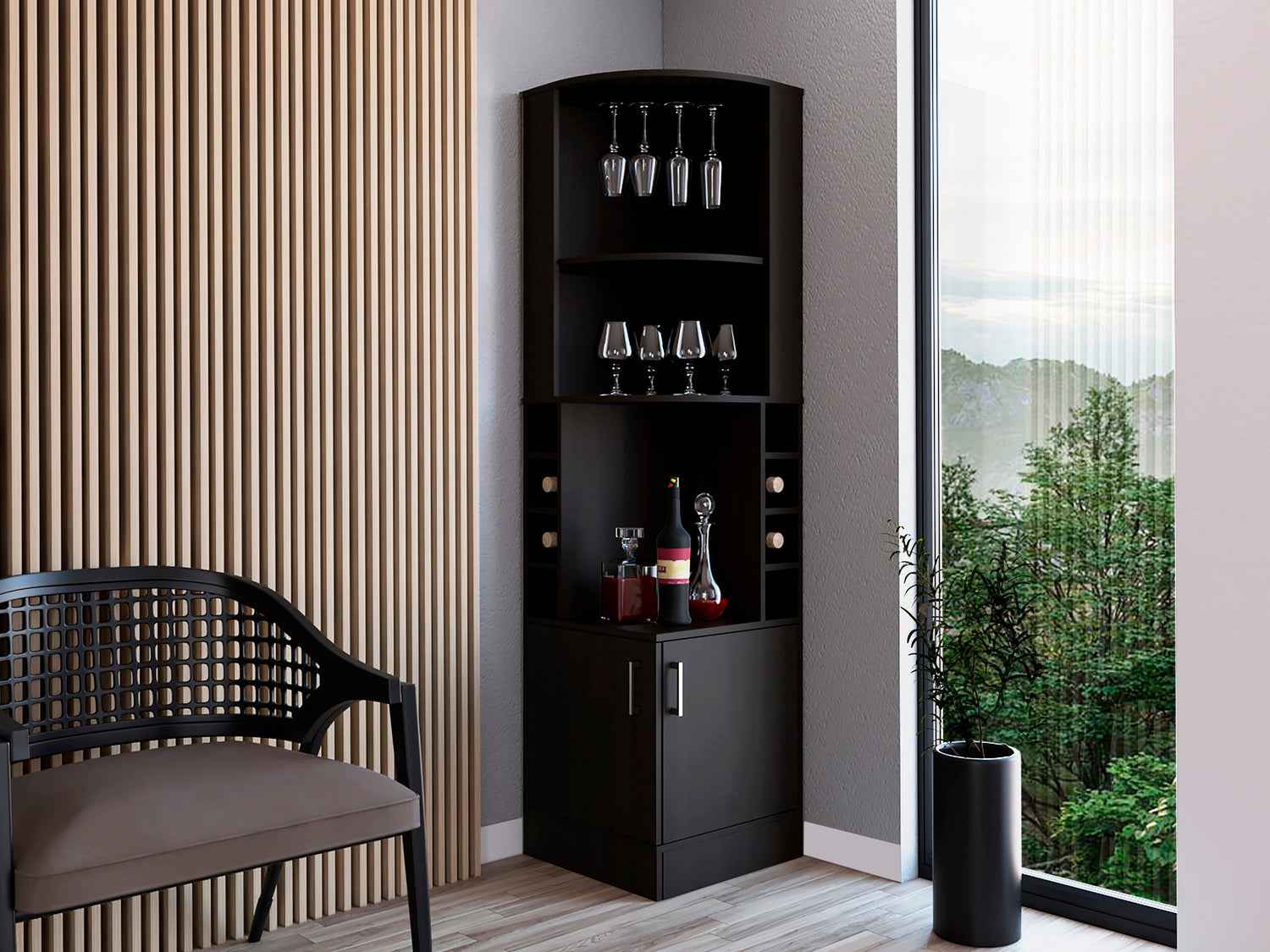 Egina Corner Bar Cabinet, Two External Shelves, Black