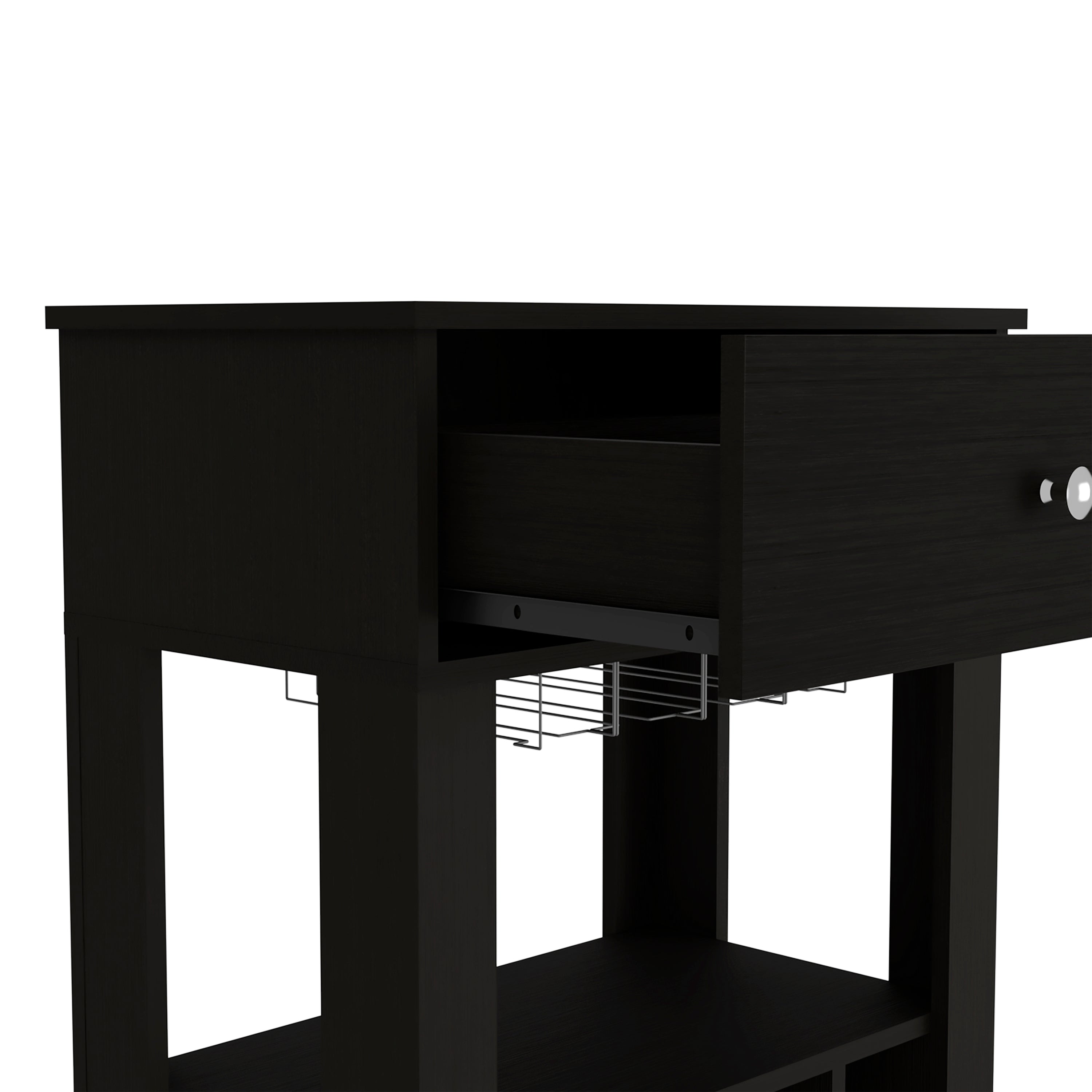 Margh Bar Cart, Twelve Built-in Wine Rack, Drawer, Black - Luciddepo
