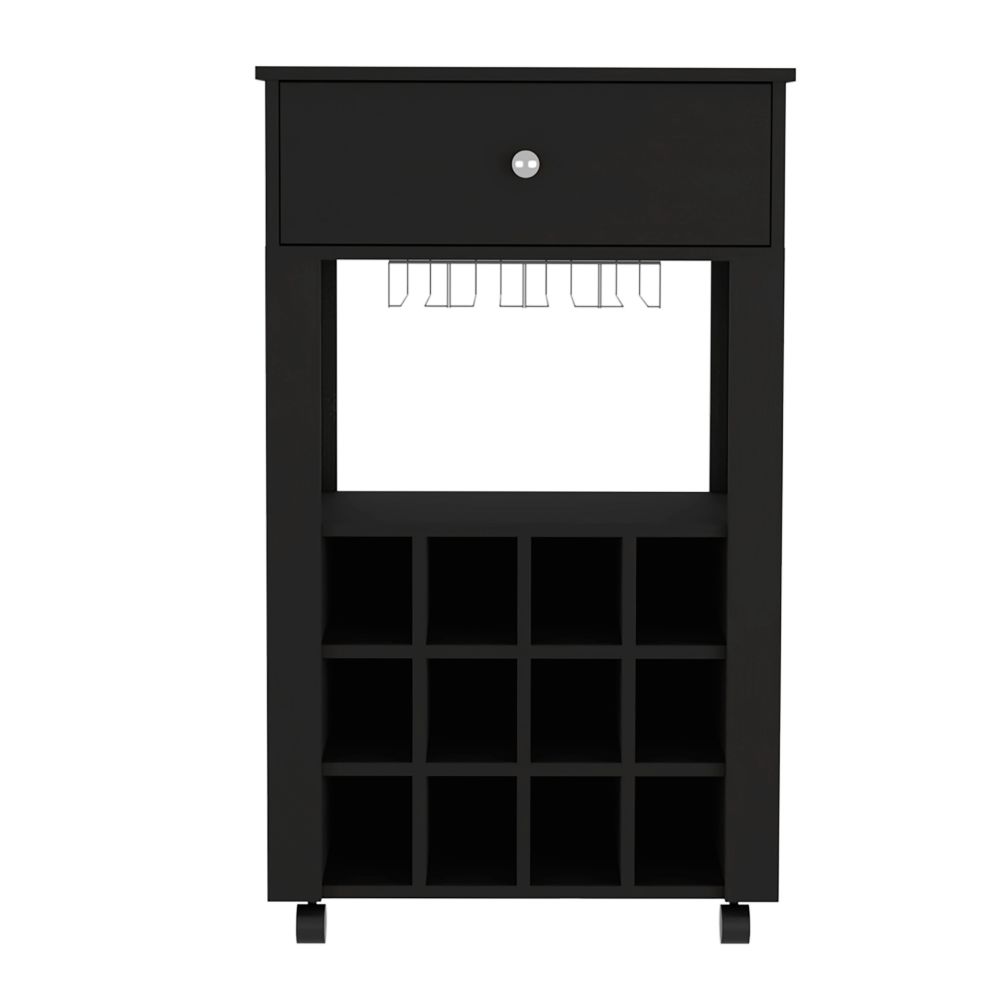 Margh Bar Cart, Twelve Built-in Wine Rack, Drawer, Black - Luciddepo