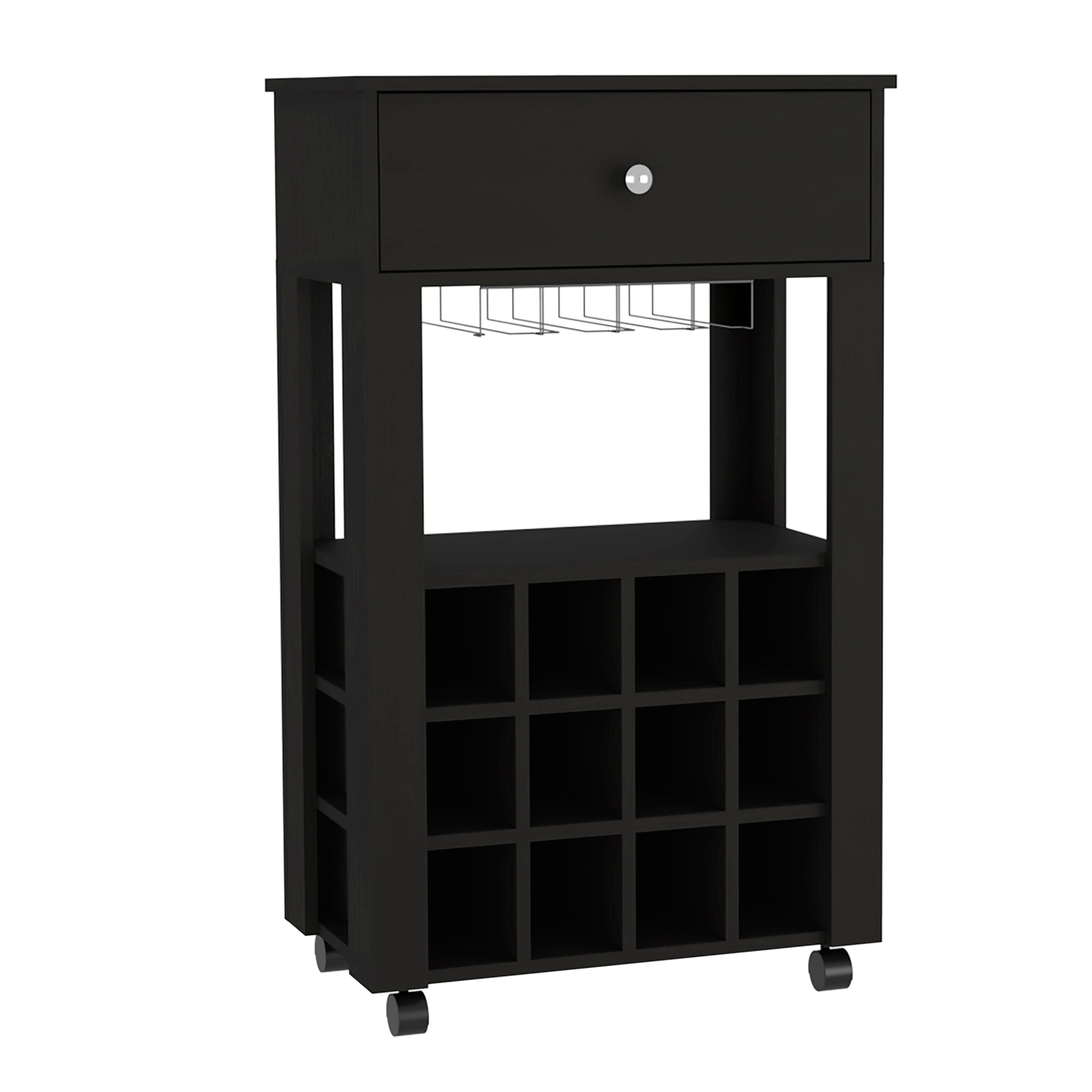 Margh Bar Cart, Twelve Built-in Wine Rack, Drawer, Black - Luciddepo