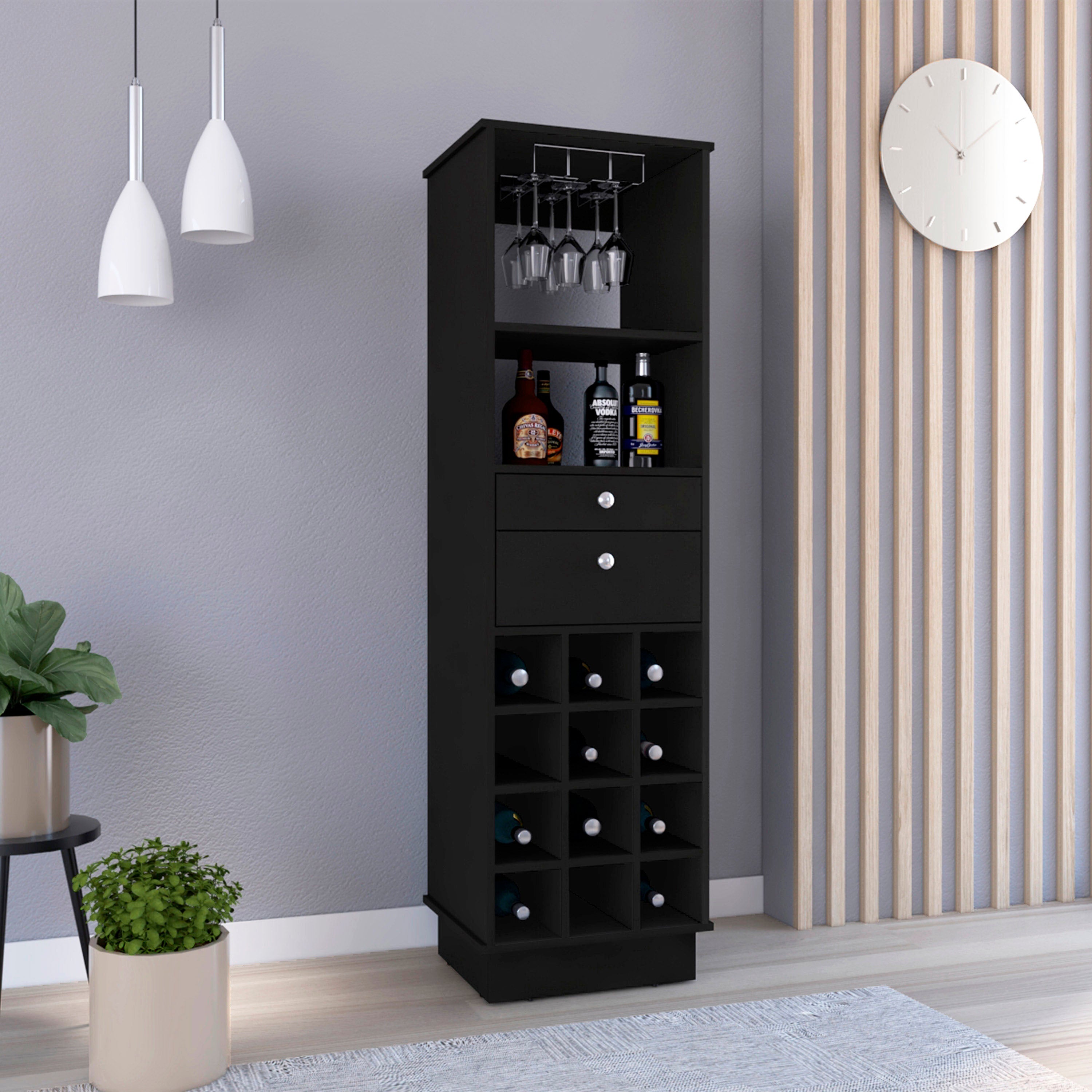 Zircon Bar Cabinet, Twelve Built-in Wine Rack, Two Drawers, Black - Luciddepo