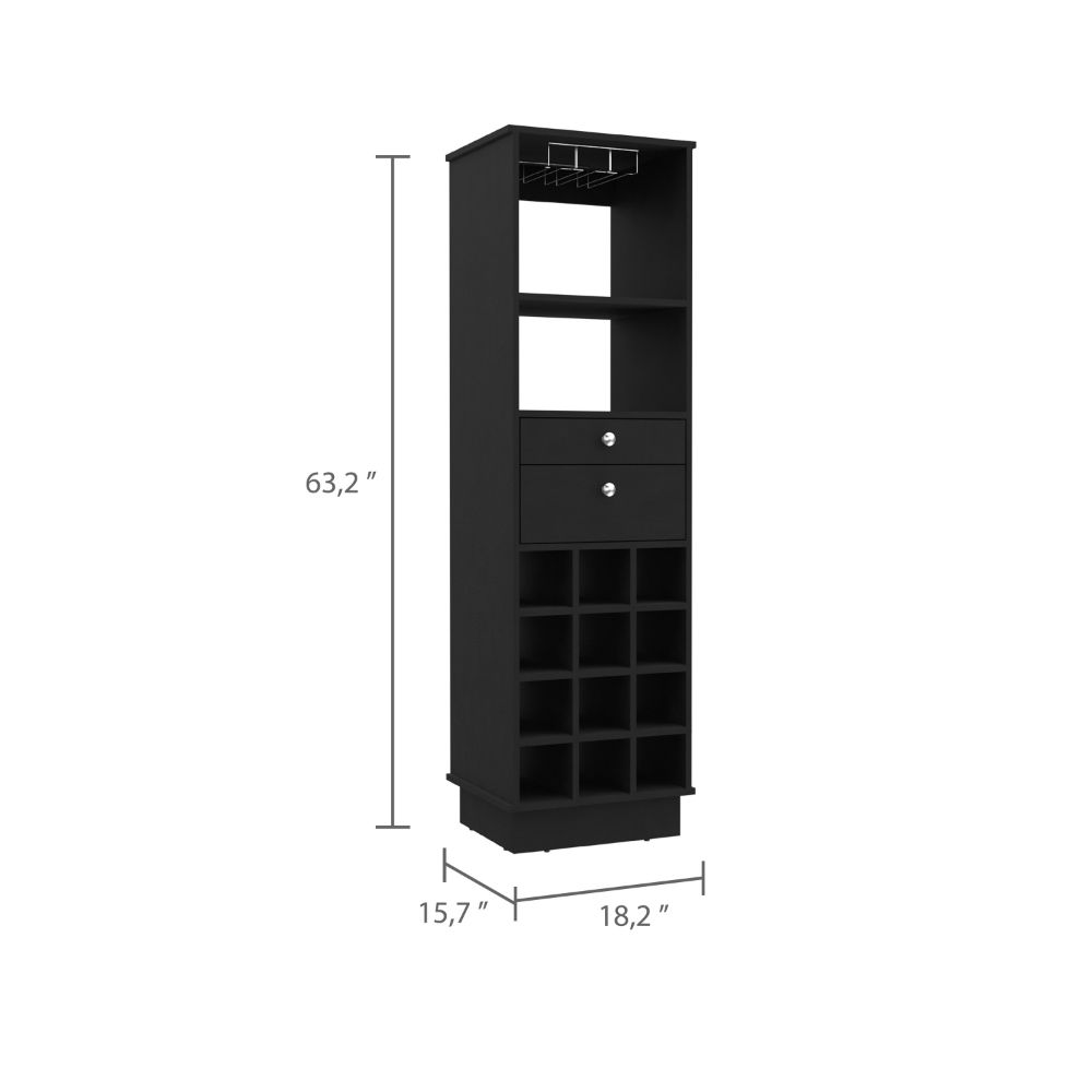 Zircon Bar Cabinet, Twelve Built-in Wine Rack, Two Drawers, Black - Luciddepo