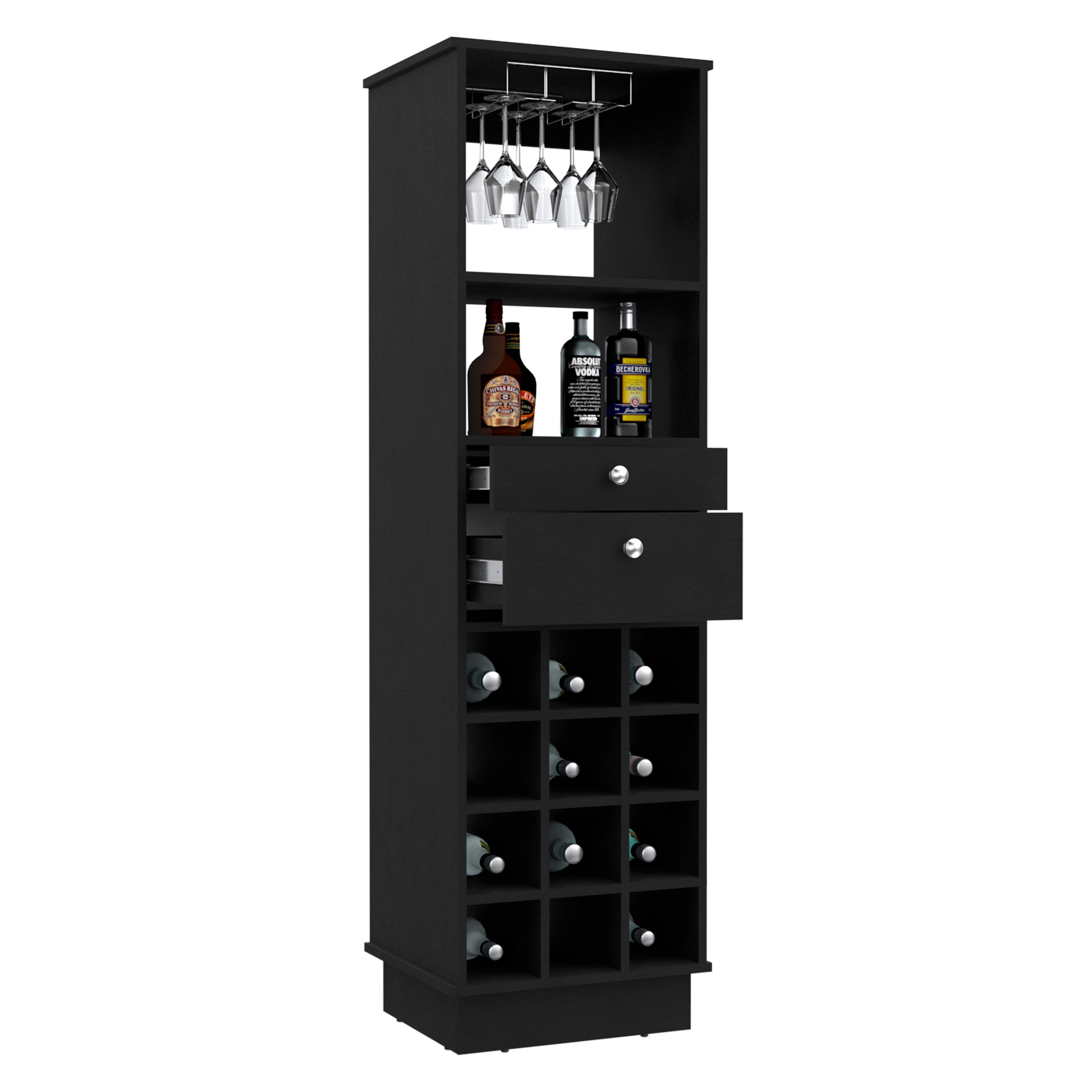Zircon Bar Cabinet, Twelve Built-in Wine Rack, Two Drawers, Black - Luciddepo