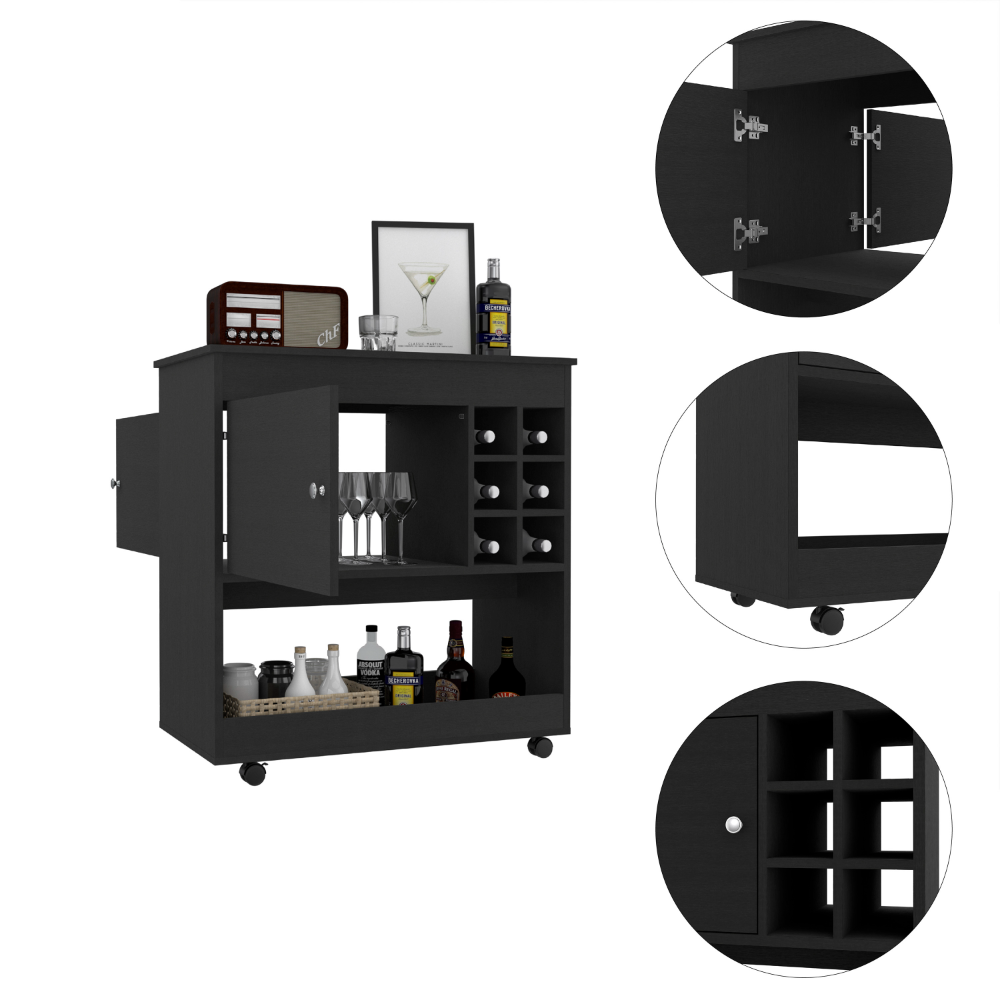 Lotus Bar Cart, Six Bottle Cubbies, One Cabinet, Four Casters, Black - Luciddepo