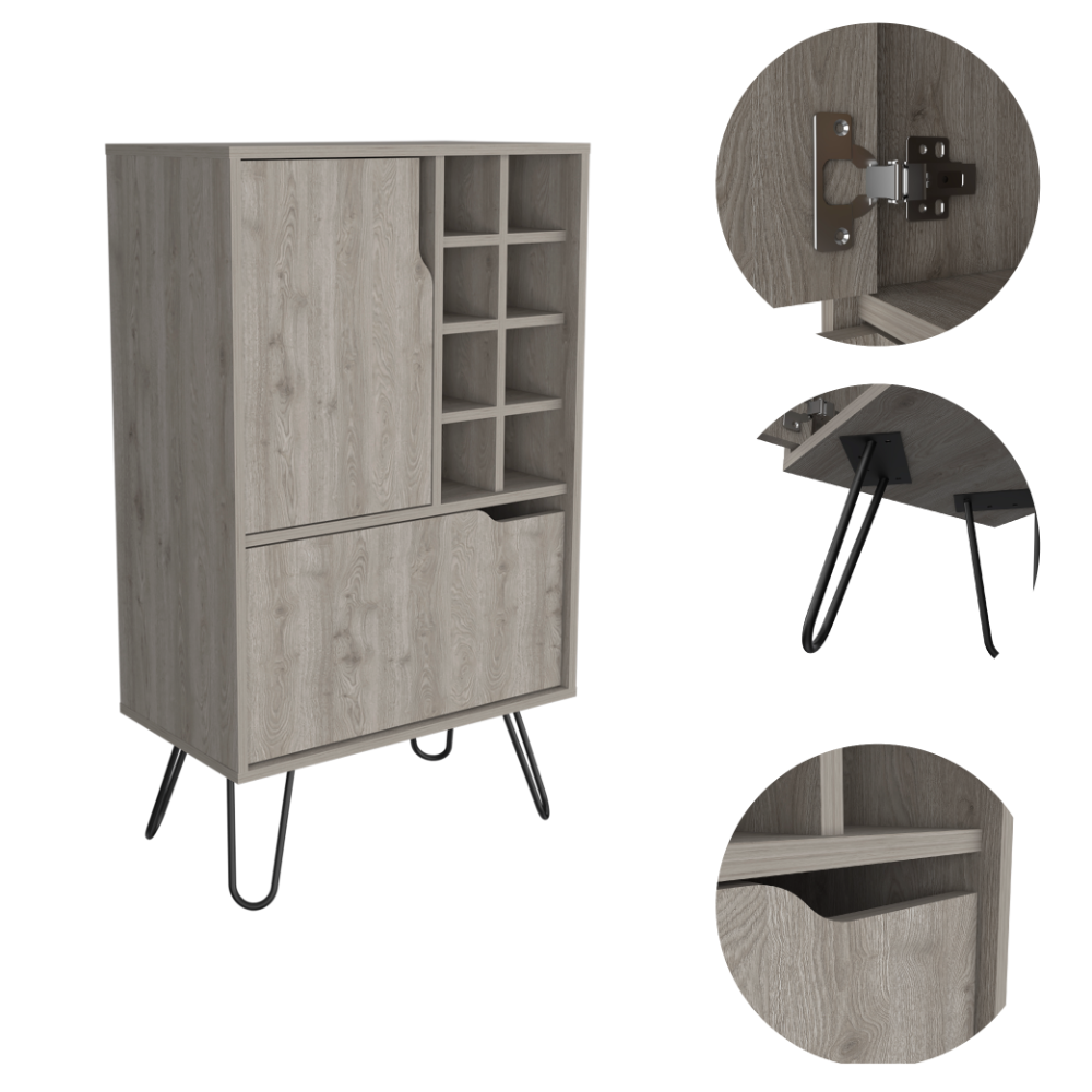 Zamna L Bar Single Door Cabinet, Eight Built-in Wine Rack, Four Legs, Light Gray - Luciddepo