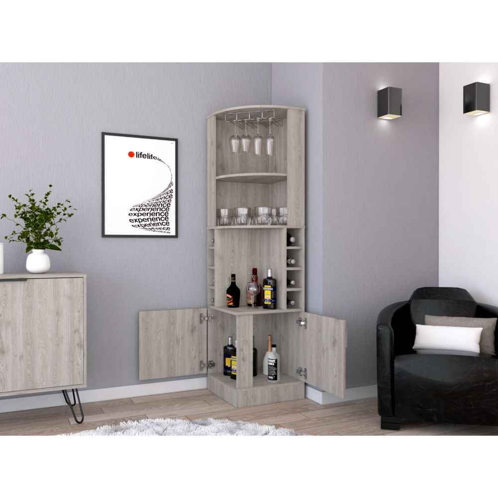 Egina Corner Bar Cabinet, Two External Shelves , Light Gray