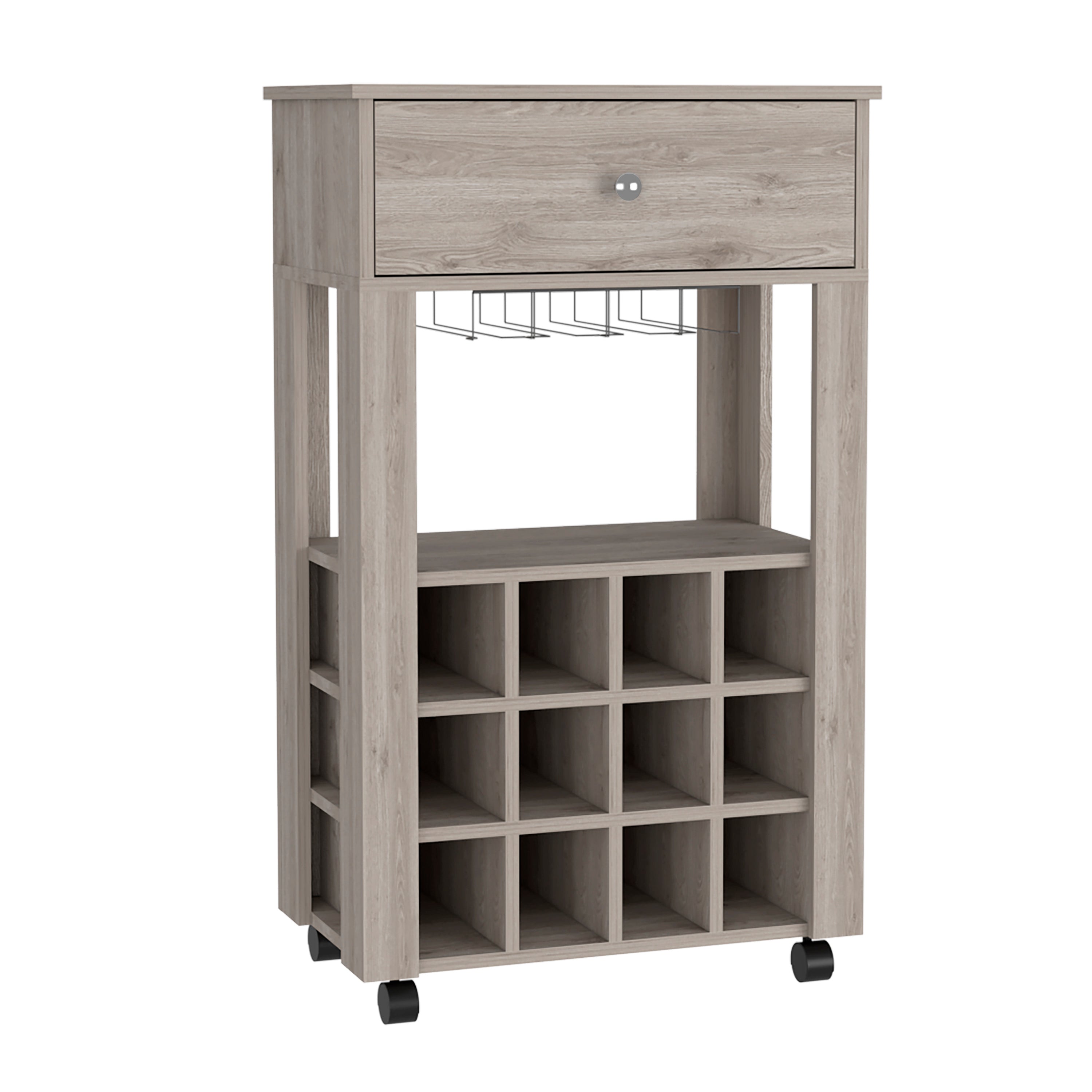 Margh Bar Cart, Twelve Built-in Wine Rack, Drawer, Light Gray - Luciddepo