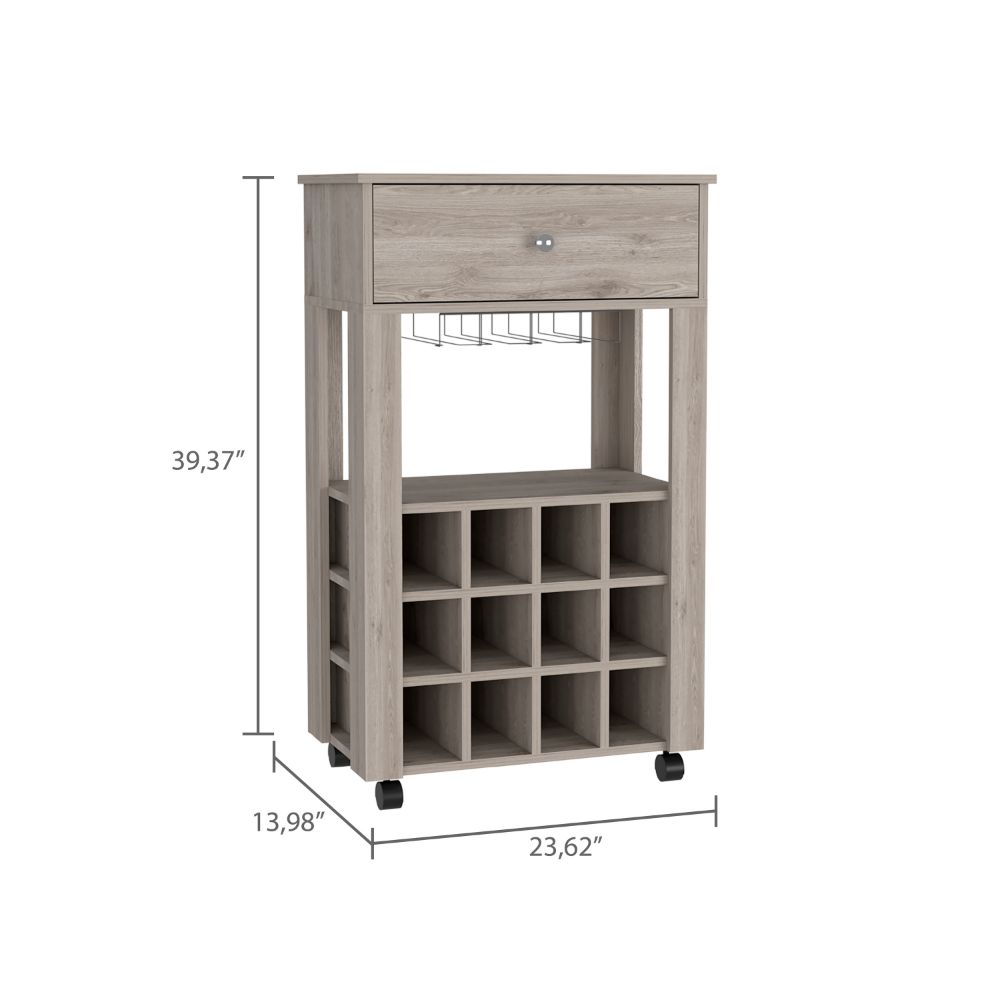 Margh Bar Cart, Twelve Built-in Wine Rack, Drawer, Light Gray - Luciddepo