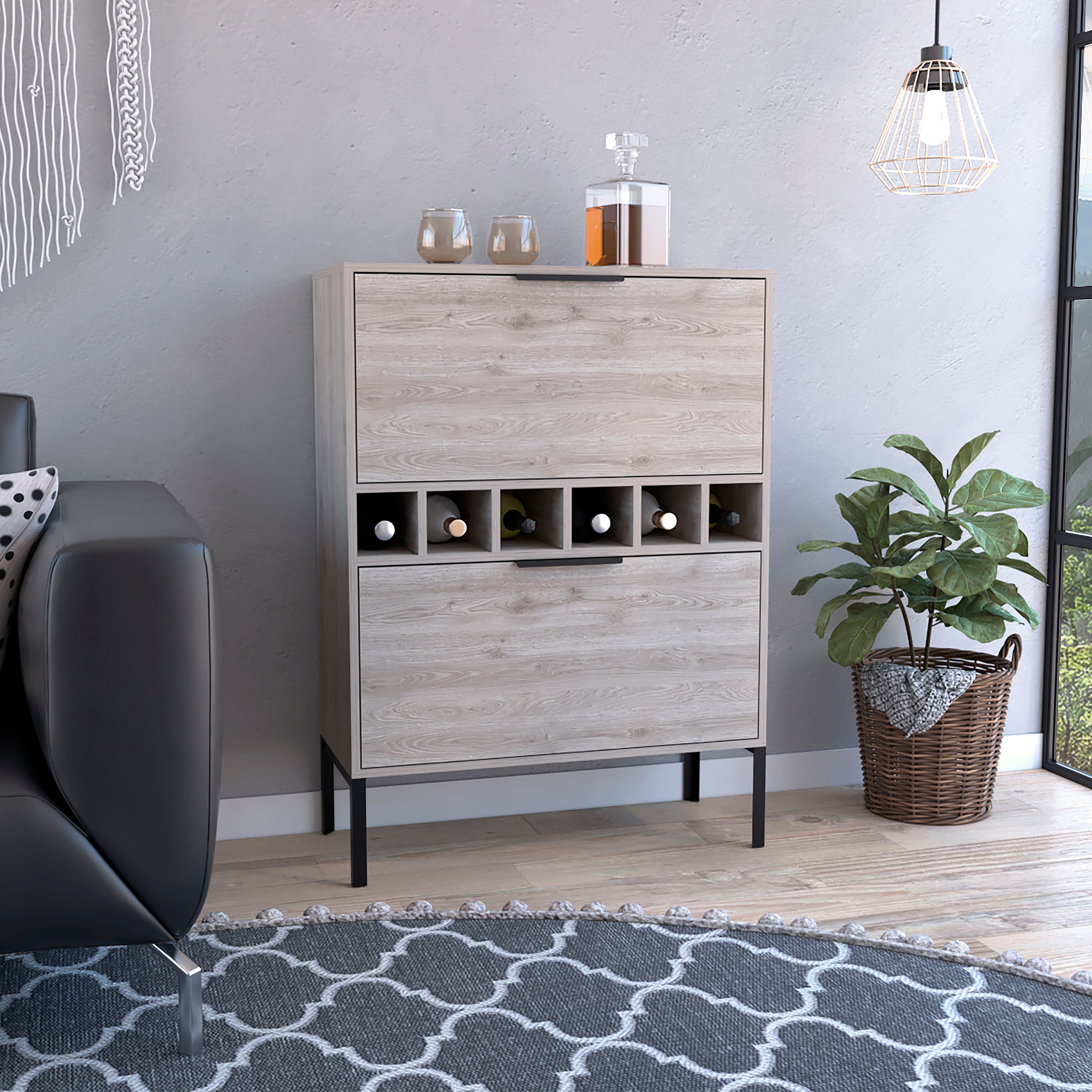 Staten Bar Cabinet, Six Built-in Wine Rack, Two Door Flexible Cabinets, Light Gray - Luciddepo