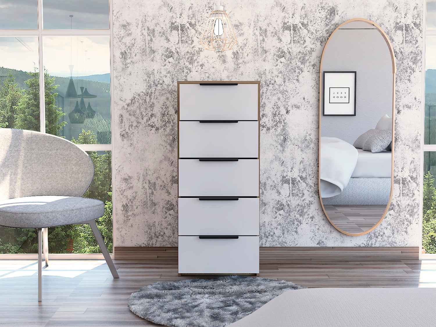 Egeo 5 Drawer Dresser, Vertical Dresser, White / Light Oak