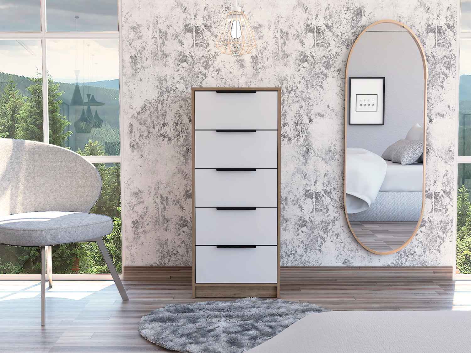 Egeo 5 Drawer Dresser, Vertical Dresser, White / Light Oak