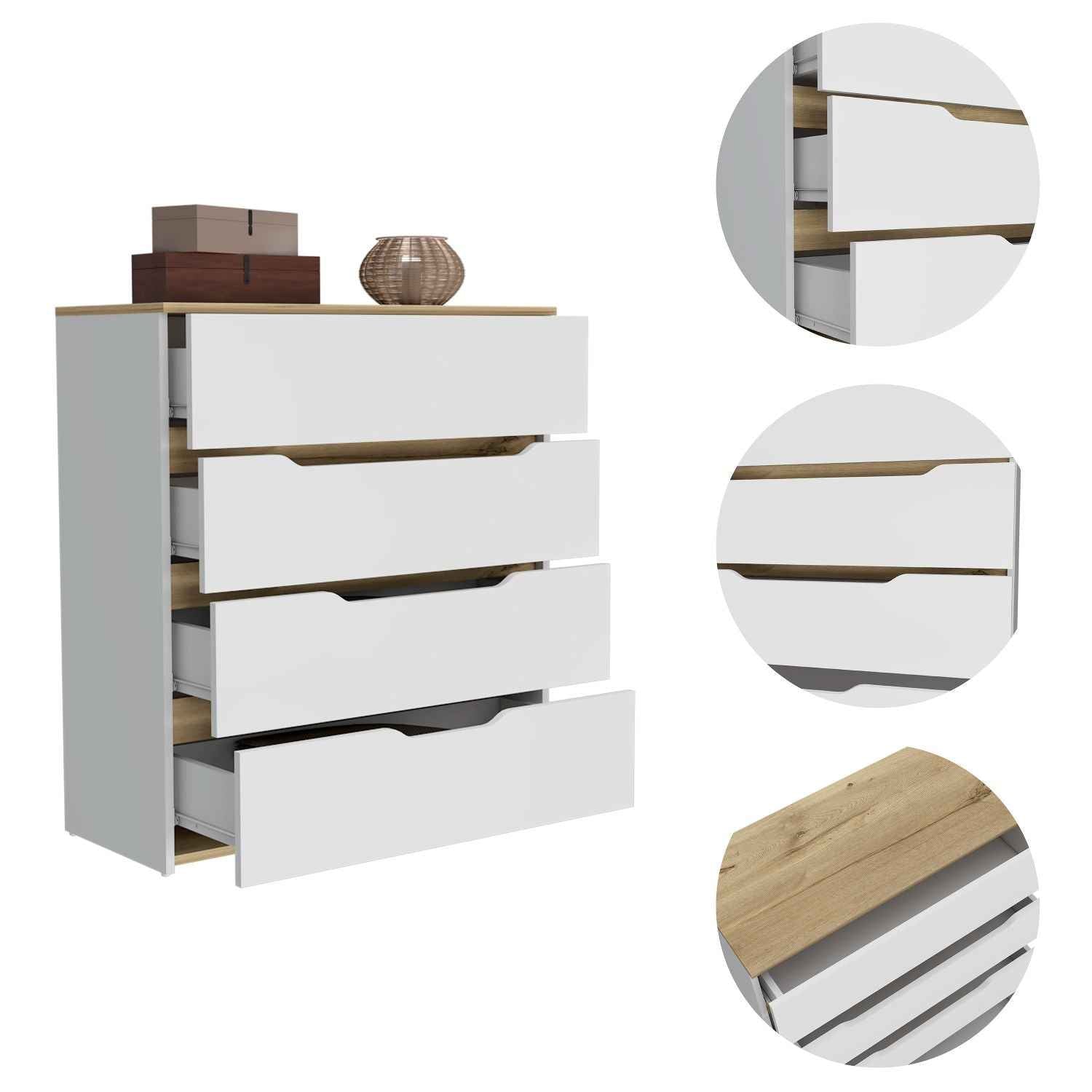 Aralia Drawer Dresser, Four Drawers, Superior Top, White / Light Oak
