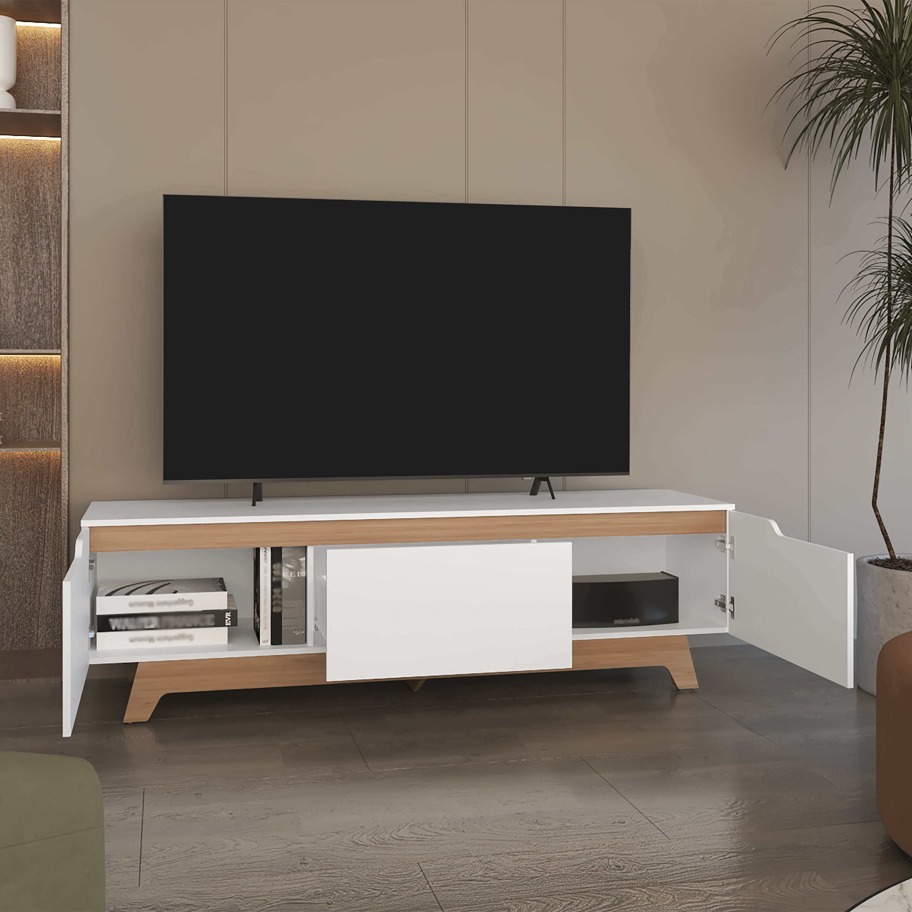 Curlew TV Stand, 2 Doors, 1 Drawer, White / Natural Oak - Luciddepo