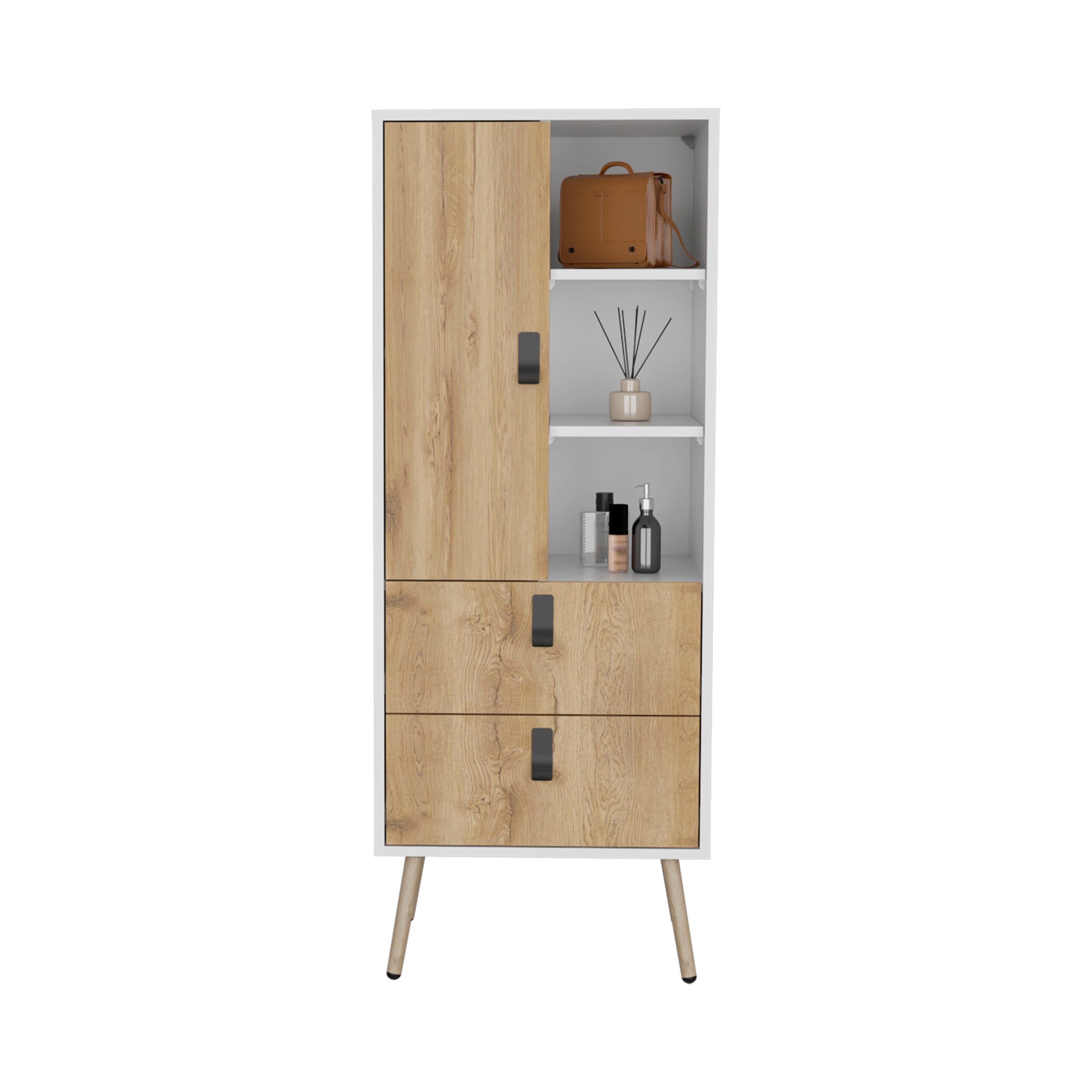 Toka Dresser Stylish Bedroom Storage Solution with 3 Shelves, 2 Drawers, and 1 Door - Luciddepo