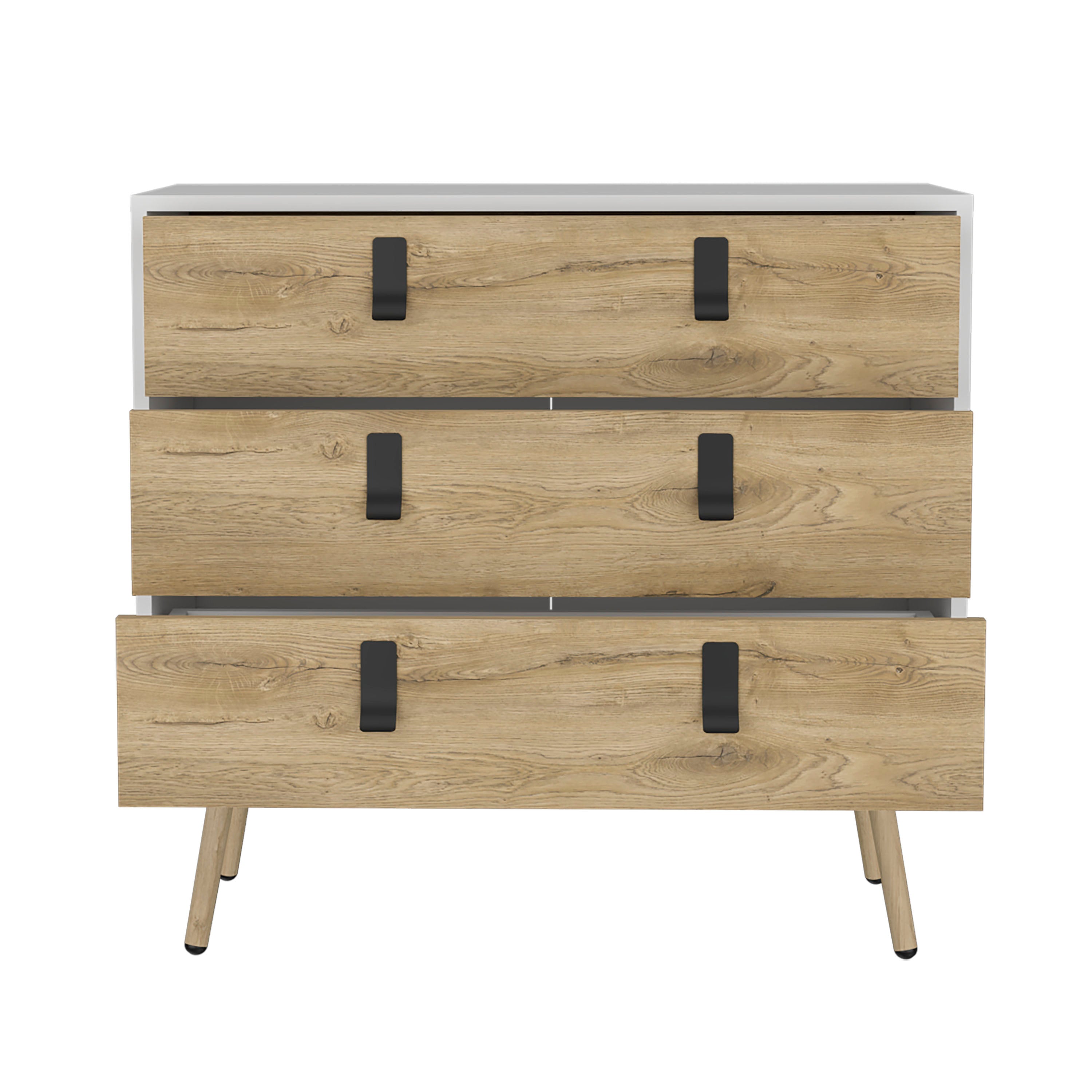 Toka 3 Drawers Dresser with Handles and Wooden Legs, White / Macadamia - Luciddepo