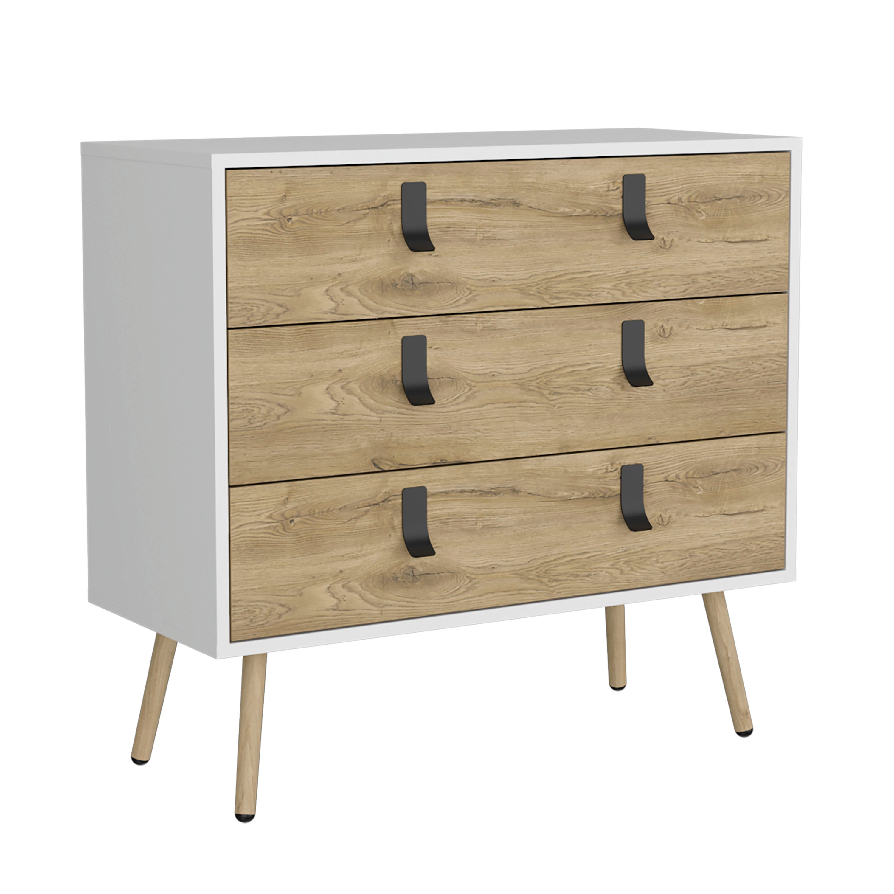 Toka 3 Drawers Dresser with Handles and Wooden Legs, White / Macadamia - Luciddepo