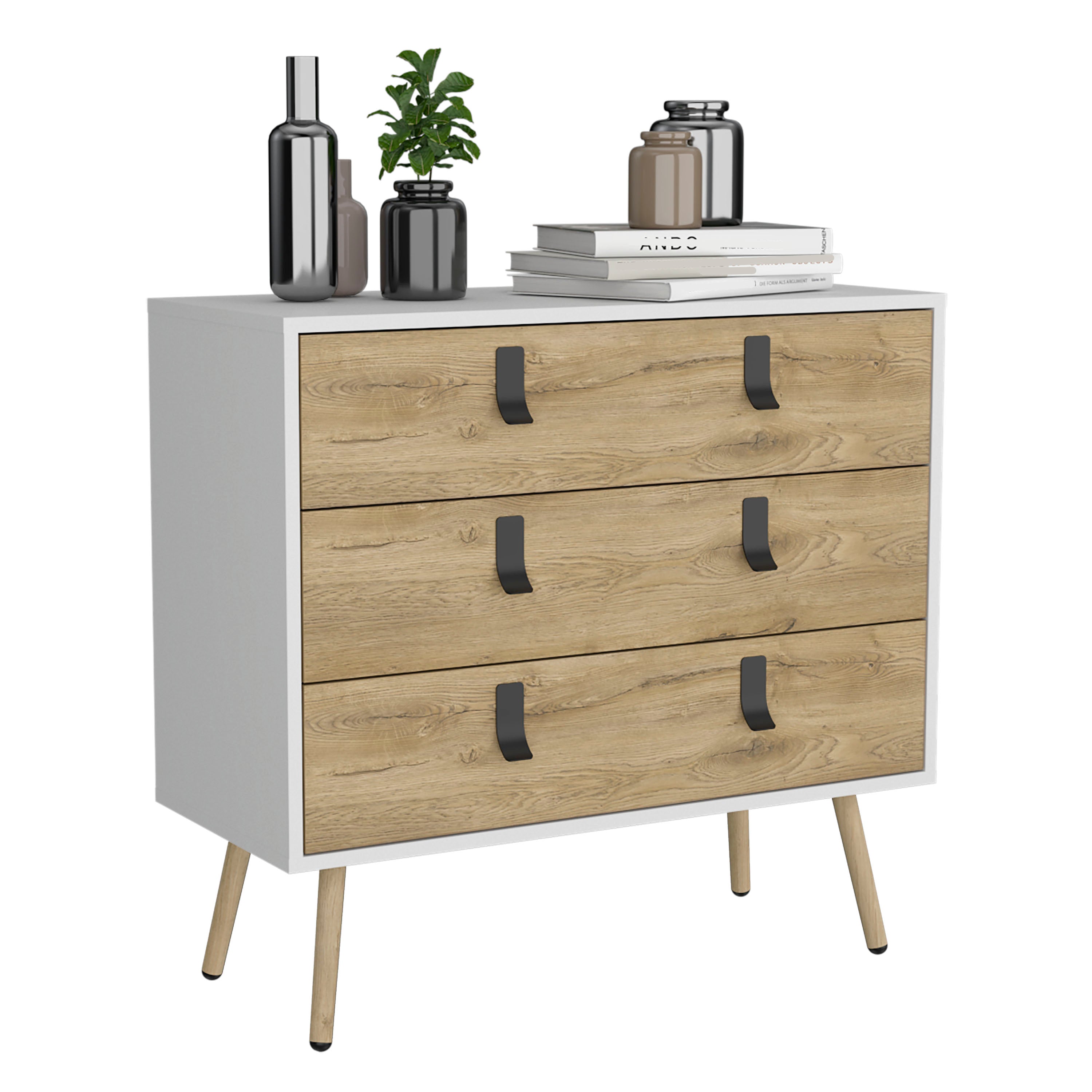 Toka 3 Drawers Dresser with Handles and Wooden Legs, White / Macadamia - Luciddepo