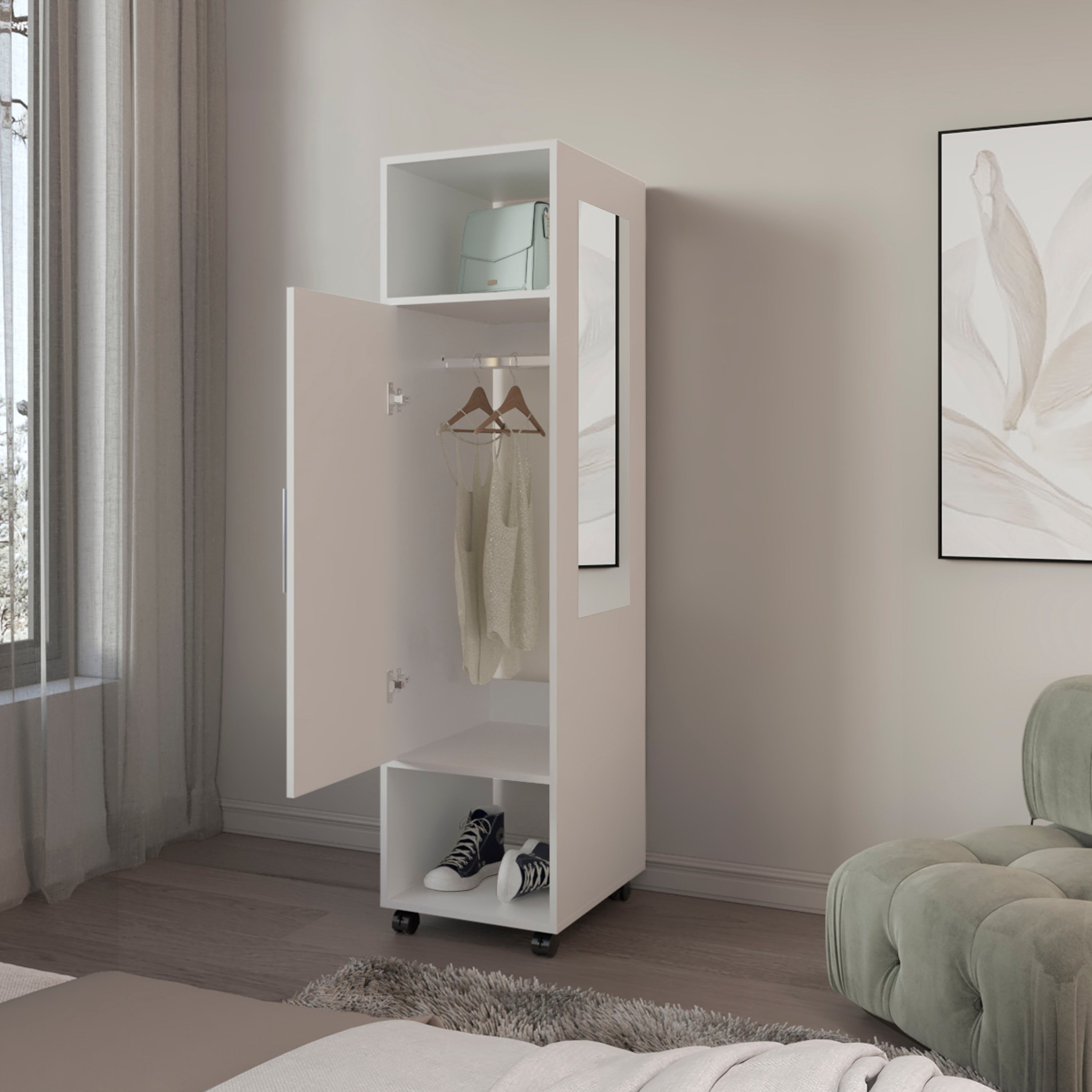 Ambler Armoire with 1 Door, 3 Shelves, and Full-Length Mirror, White - Luciddepo