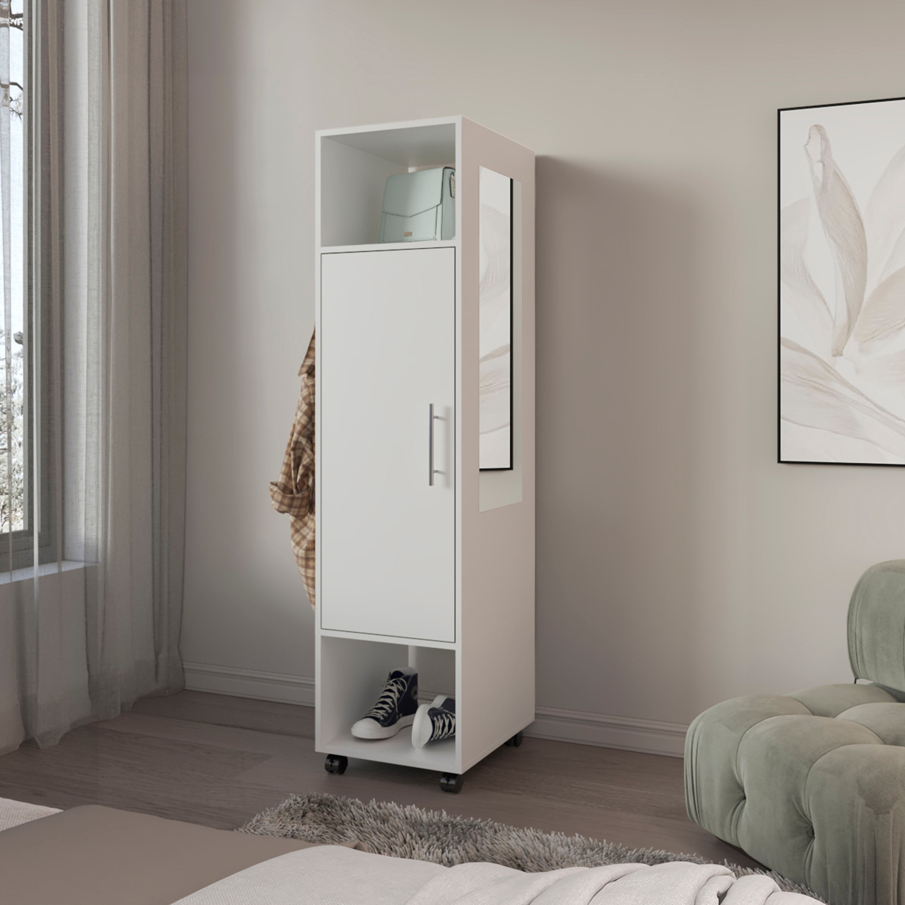 Ambler Armoire with 1 Door, 3 Shelves, and Full-Length Mirror, White - Luciddepo