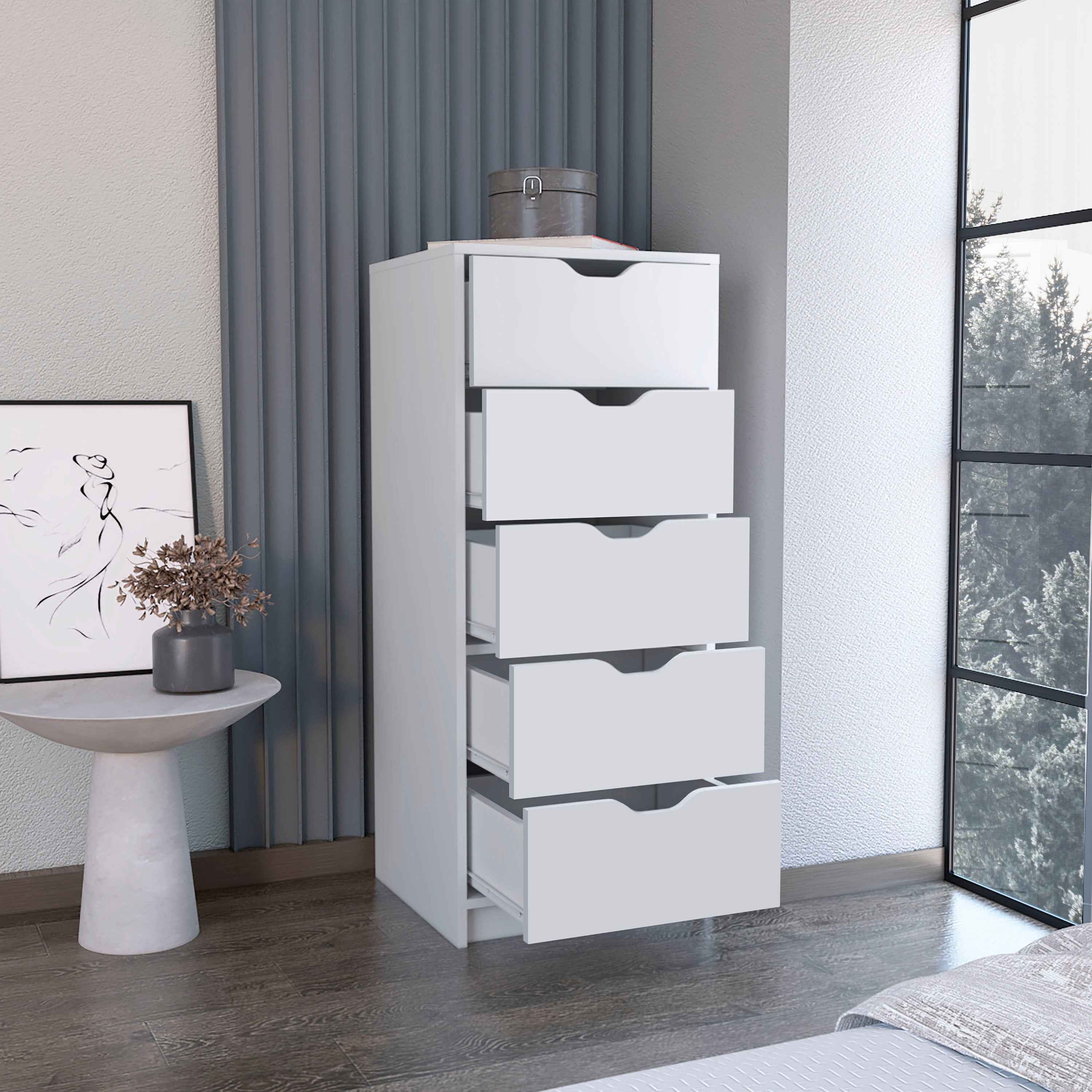 Houma 5 Drawers Narrow Dresser, Slim Storage Chest of Drawers, White