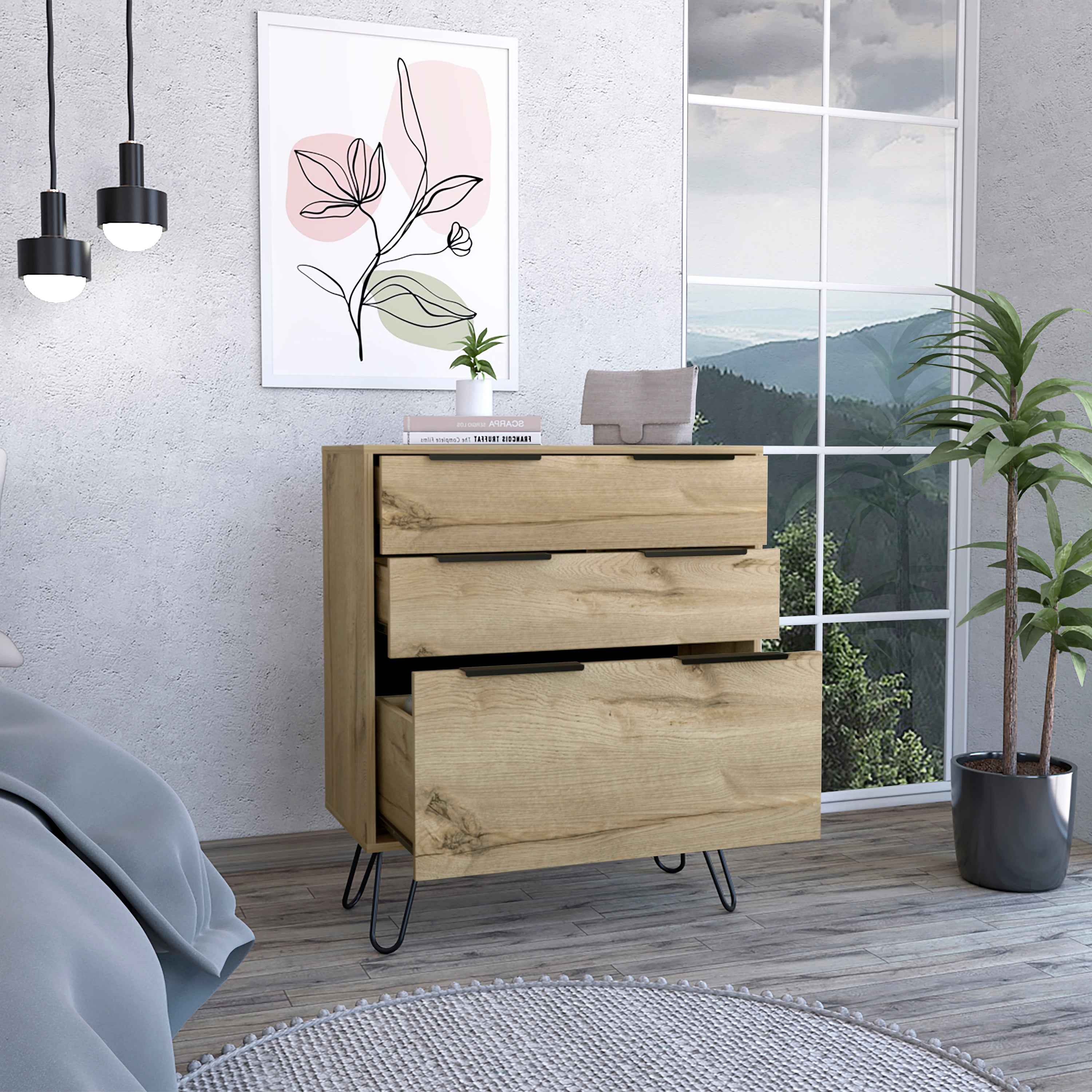 Begonia Dresser, Three Drawers, Superior Top, Hairpin Legs, Light Oak