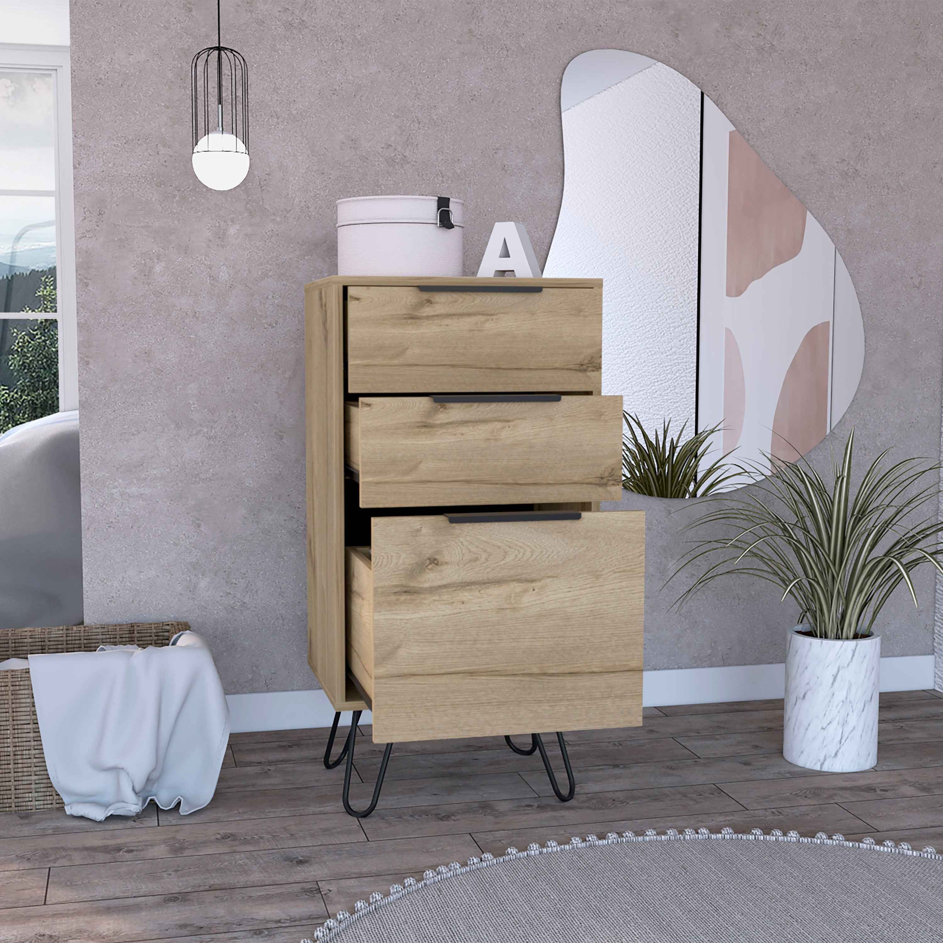 Begonia Light Dresser, Superior Top,Three Drawers, Hairpin Legs, Light Oak