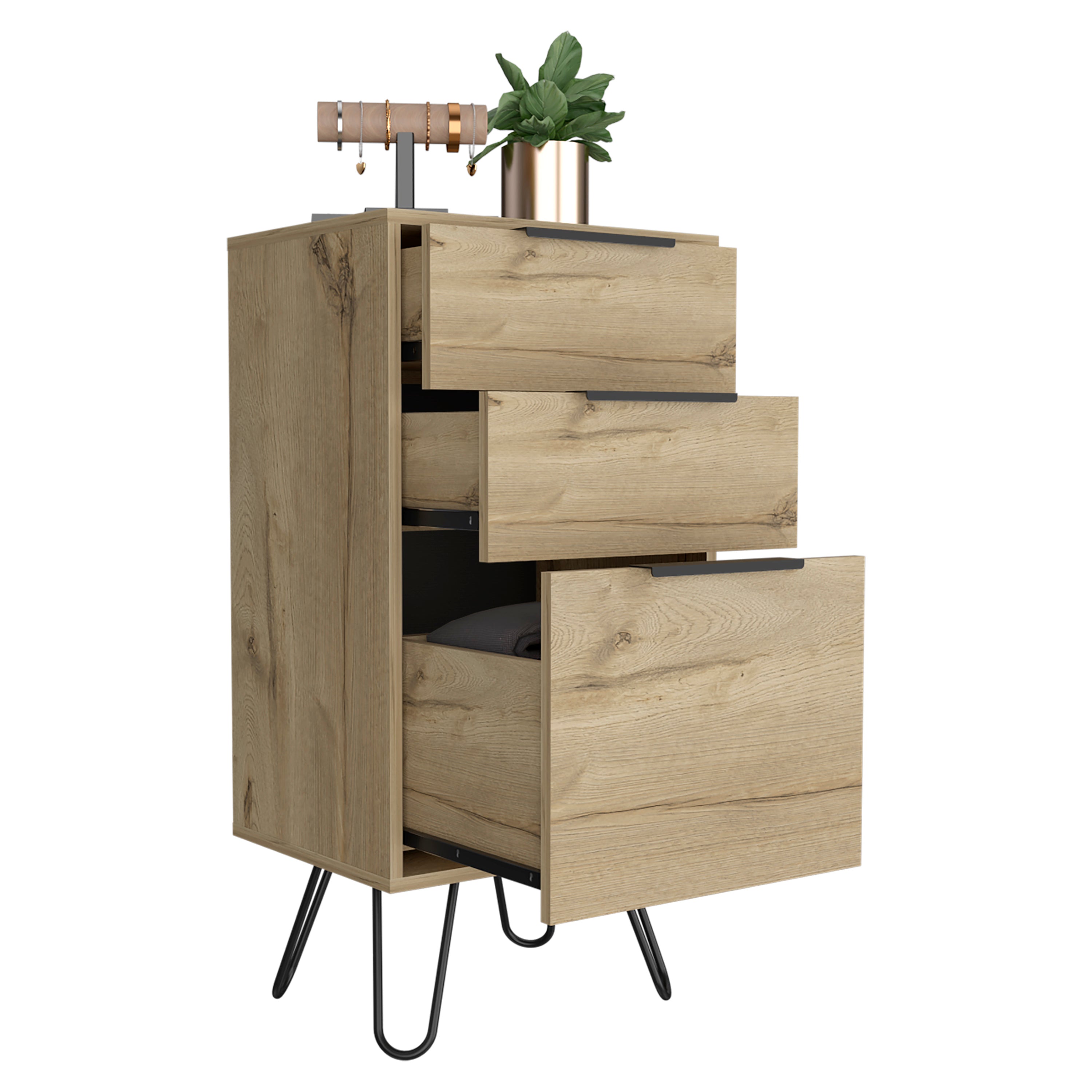 Begonia Light Dresser, Superior Top,Three Drawers, Hairpin Legs, Light Oak - Luciddepo