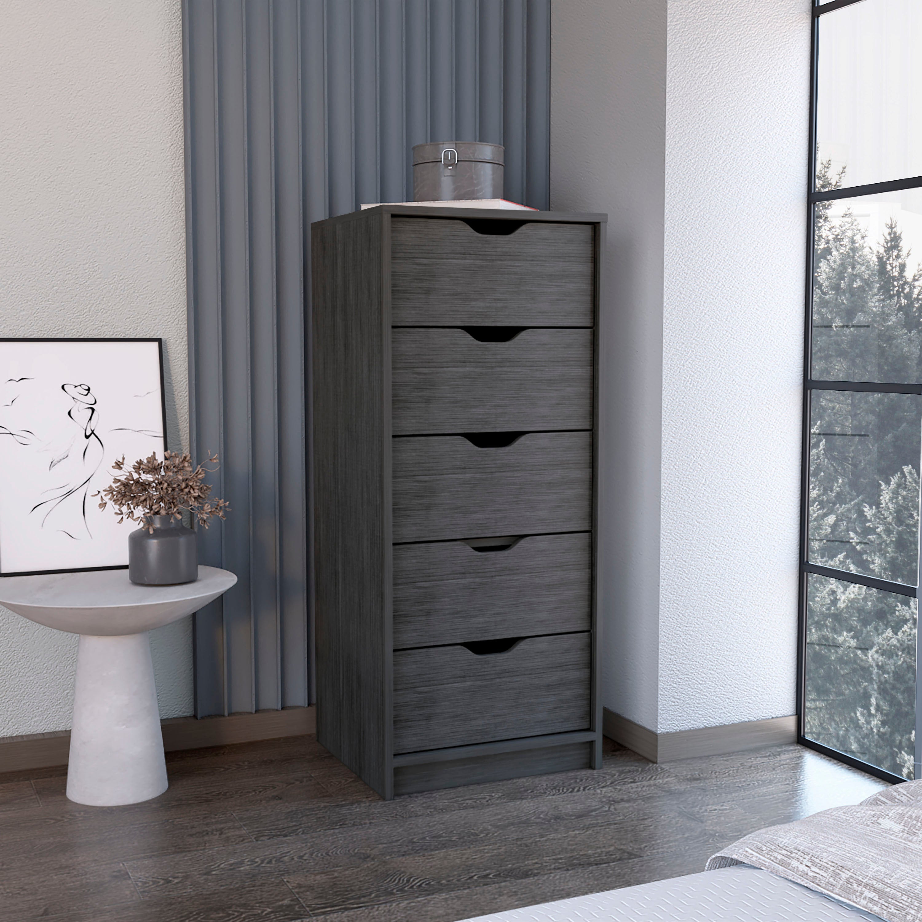 Houma 5 Drawers Narrow Dresser, Slim Storage Chest of Drawers, Smokey Oak - Luciddepo